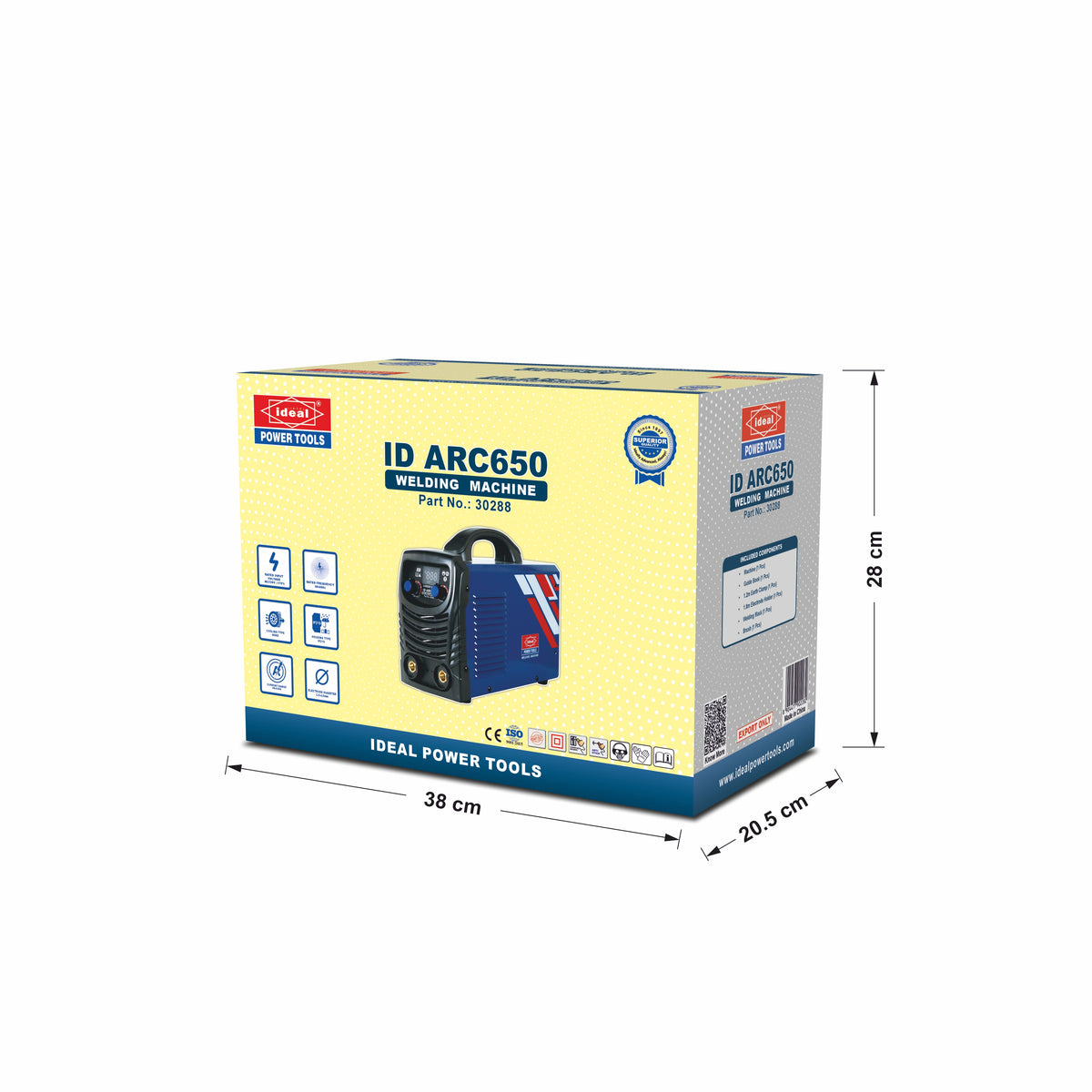 Box of an IDEAL Power Tools welding machine with dimensions on a white background