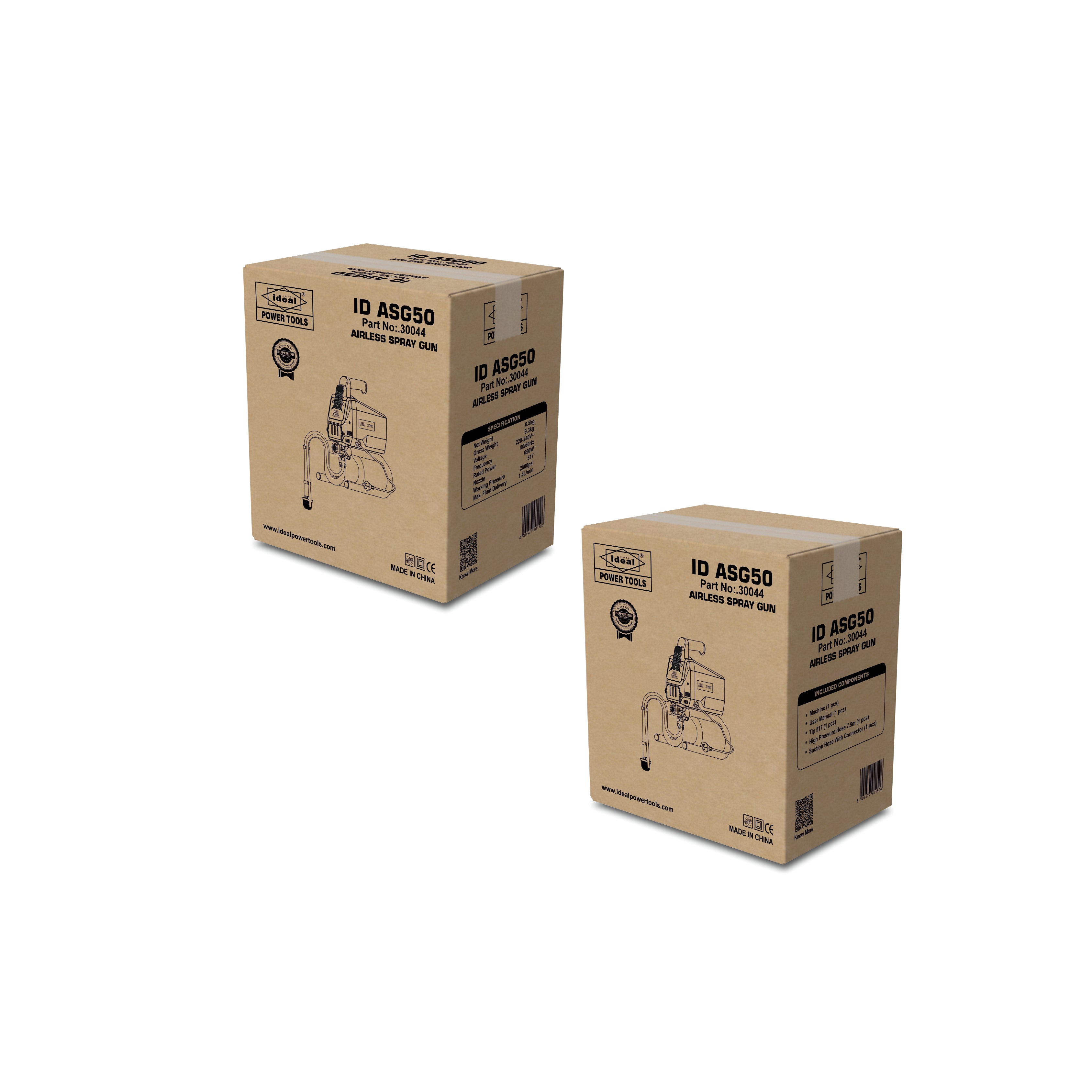 Two cardboard boxes of ID ASG50 airless spray gun with product illustrations and text on a white background