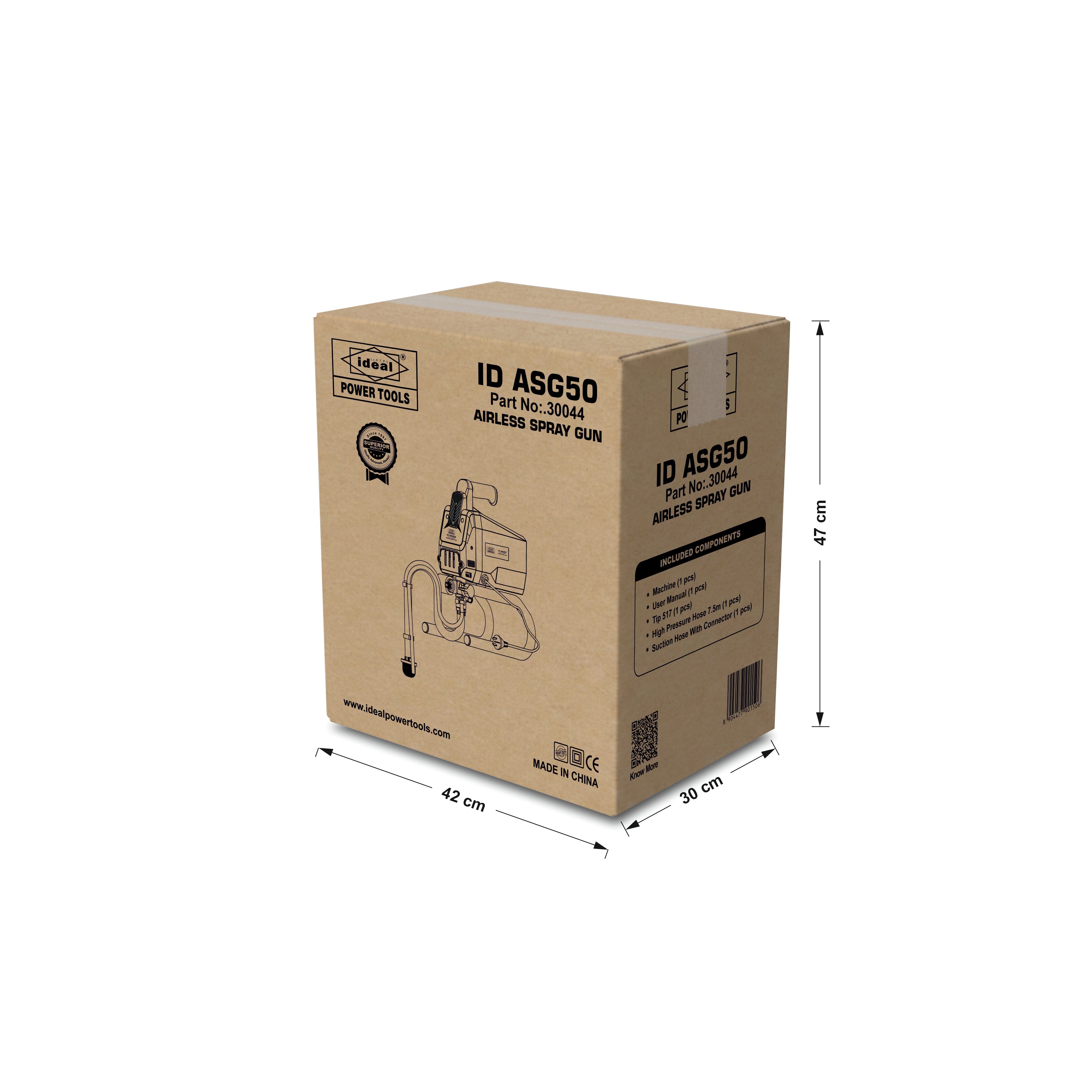 Cardboard box packaging for a ID ASG50 airless spray gun with dimensions on a white background