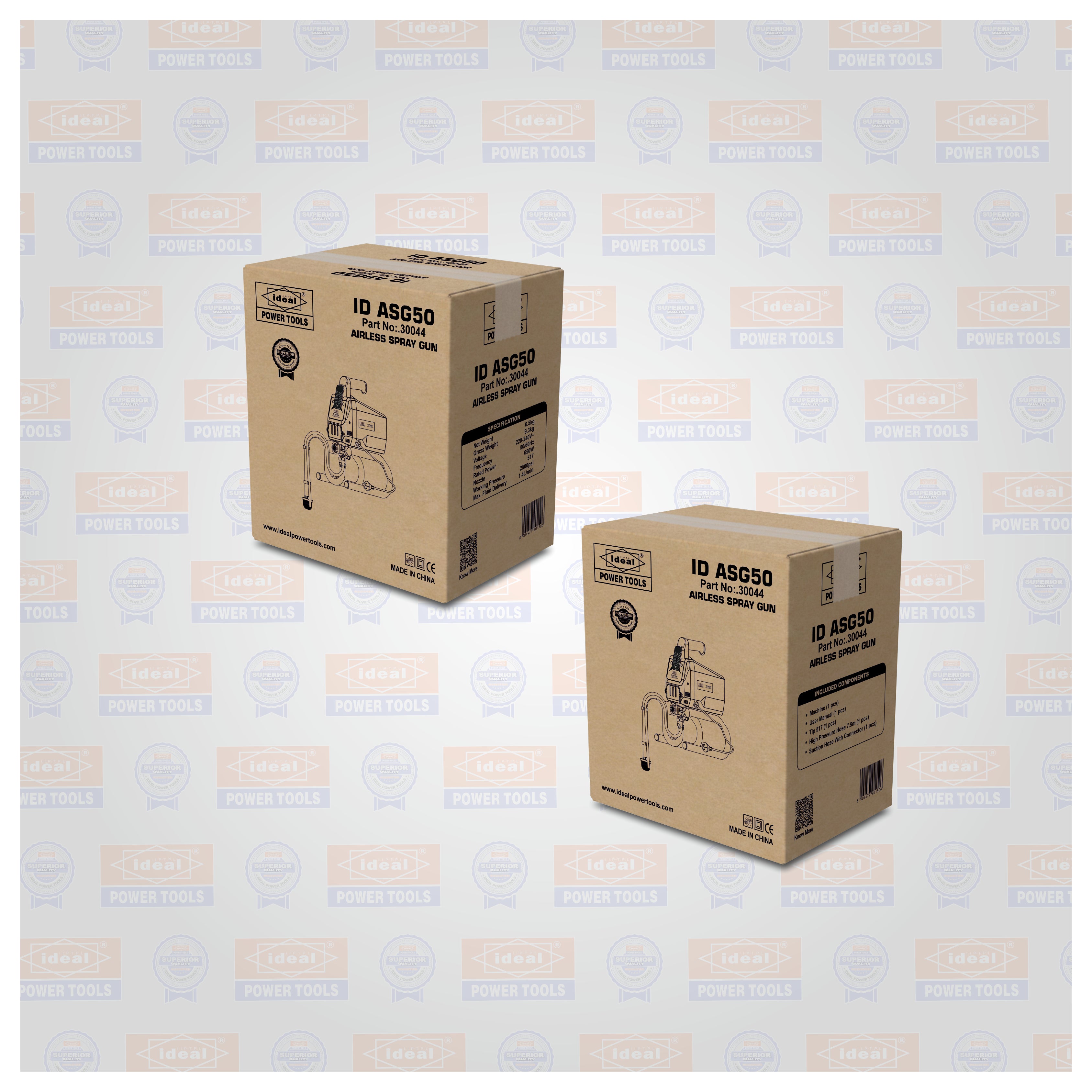 Two cardboard boxes with 'ID ASC50' branding on a patterned background