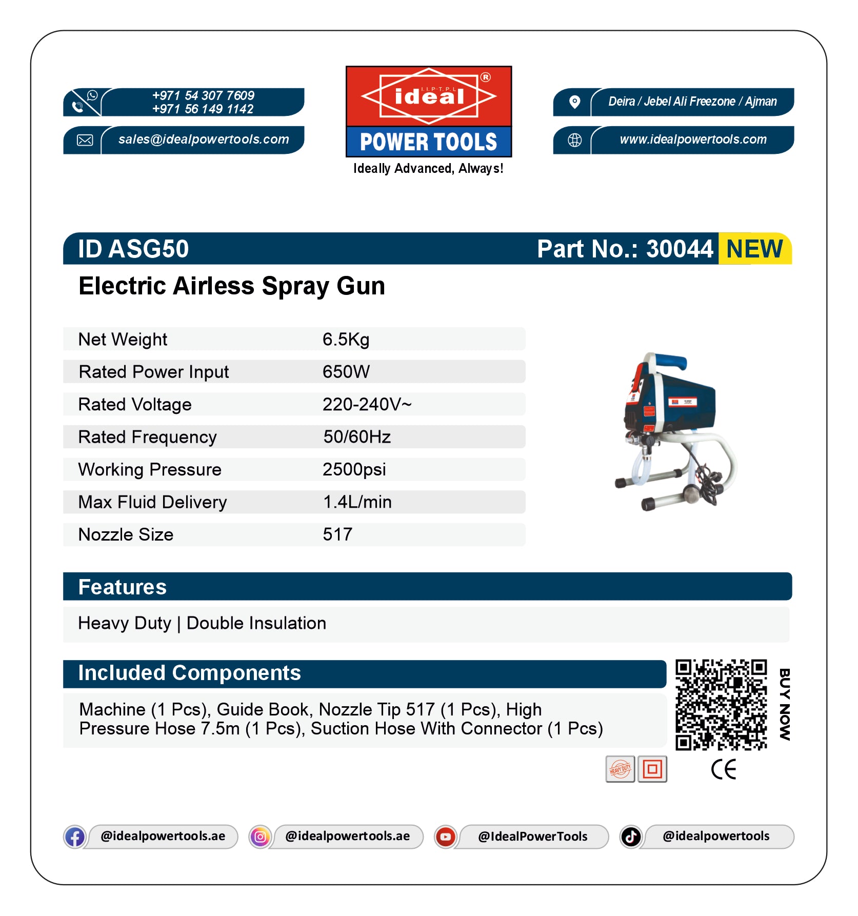 Product label for Electric Airless Spray Gun (ID ASG50) with specifications and branding details.