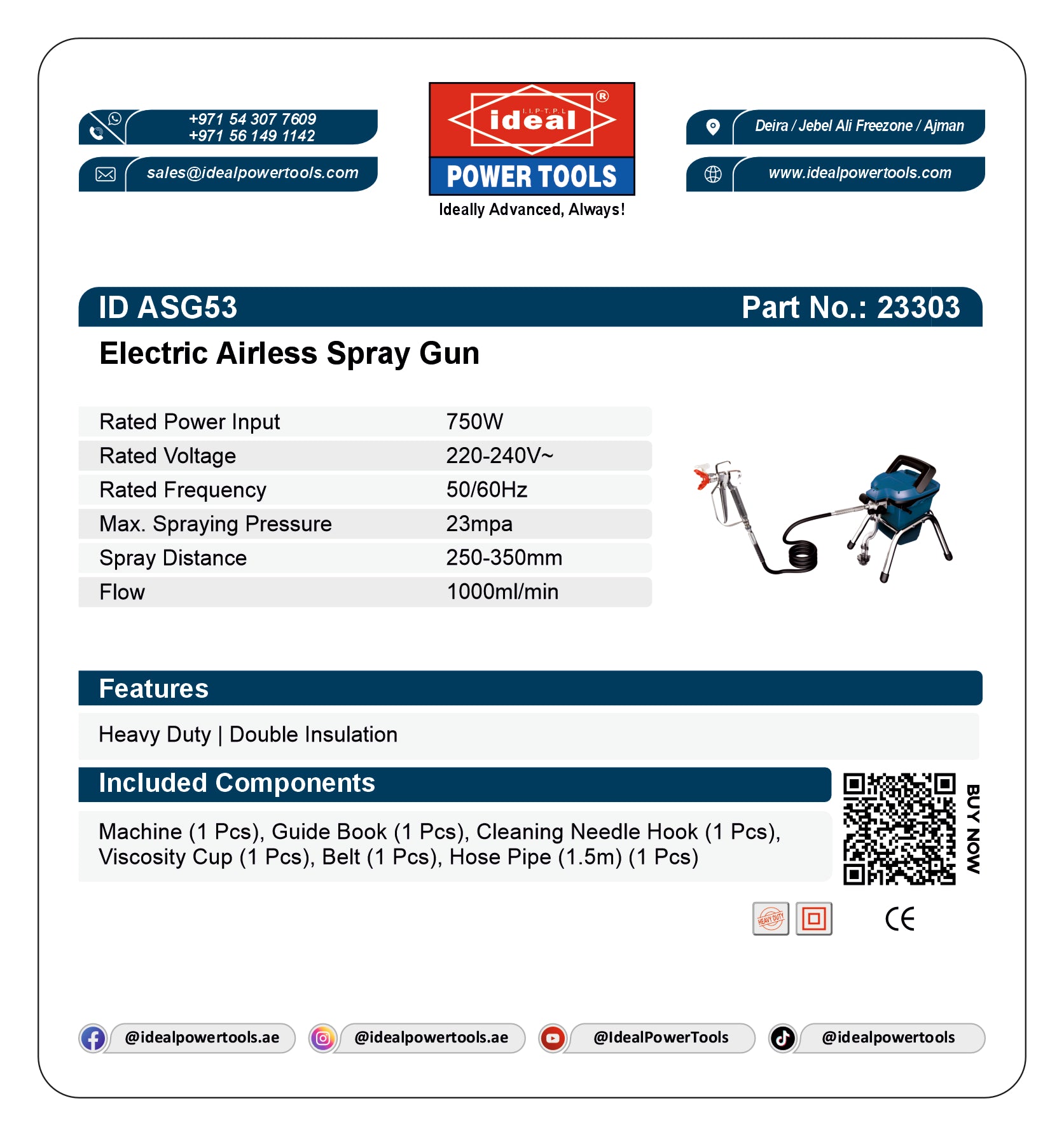 Product card for Electric Airless Spray Gun (ID ASG53) with specifications and branding details.