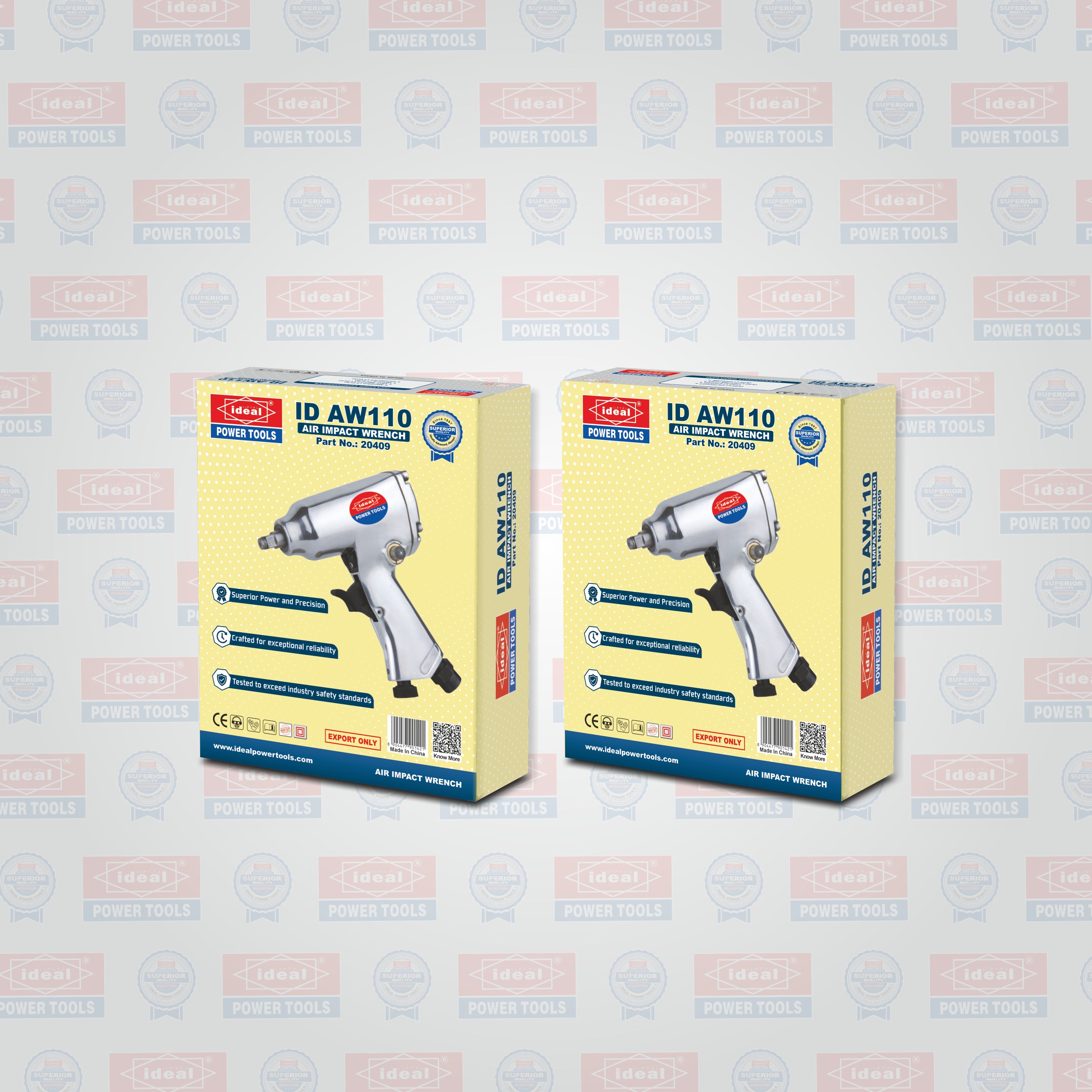 Two boxes of air impact wrench tools on a branded background