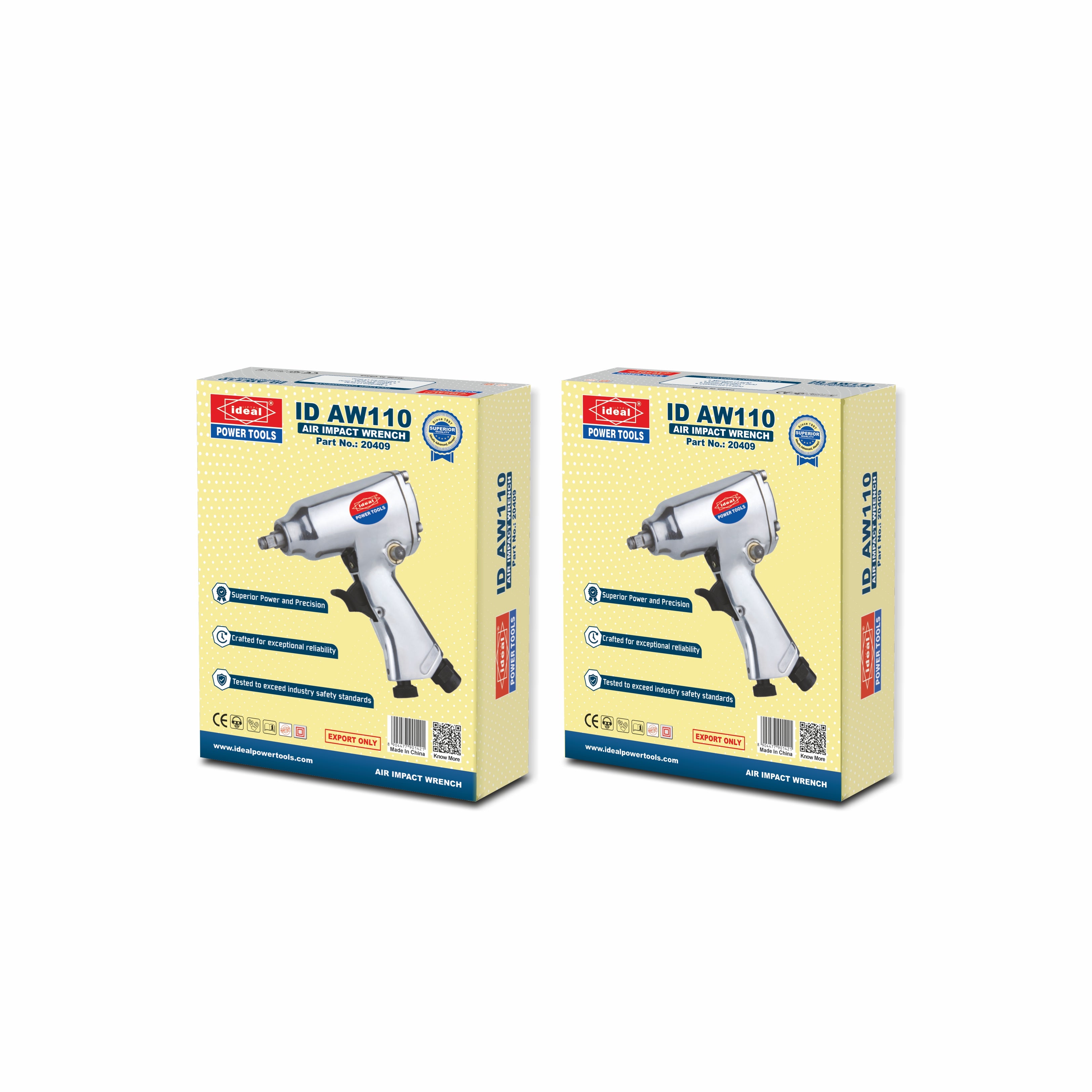 Two boxes of impact wrench ID AW110 with a white background