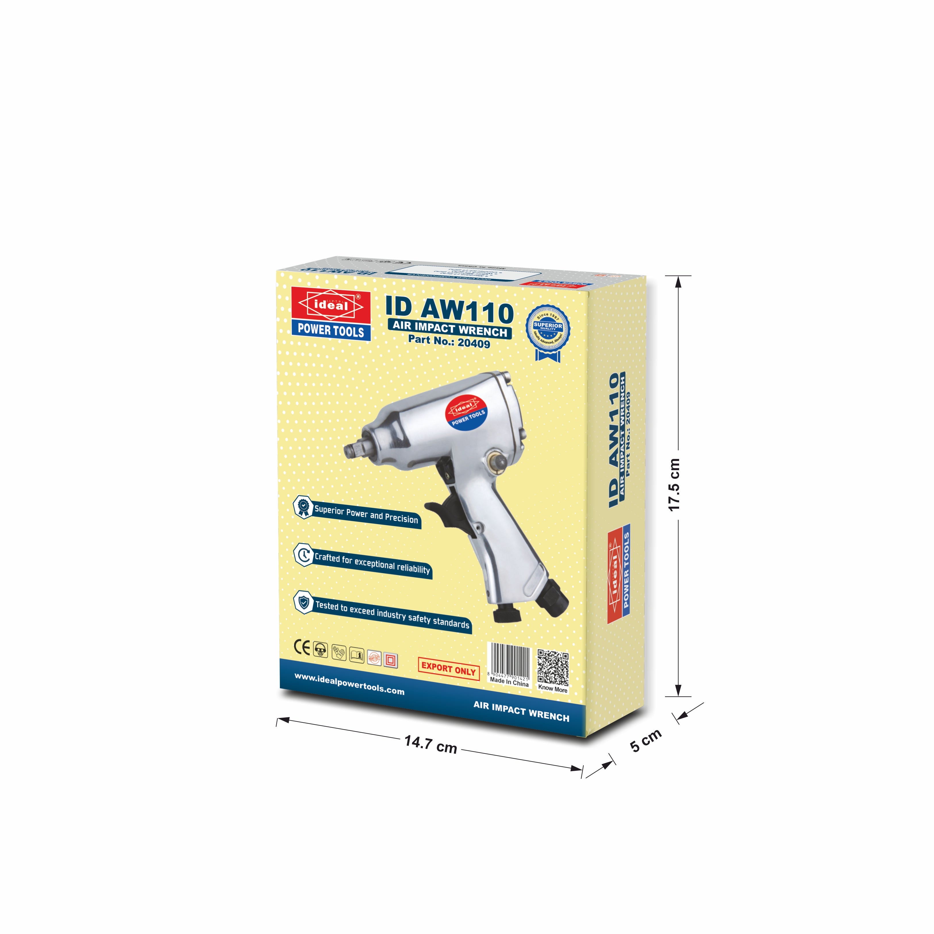 Box packaging of air impact wrench ID AW110 with dimensions on a white background