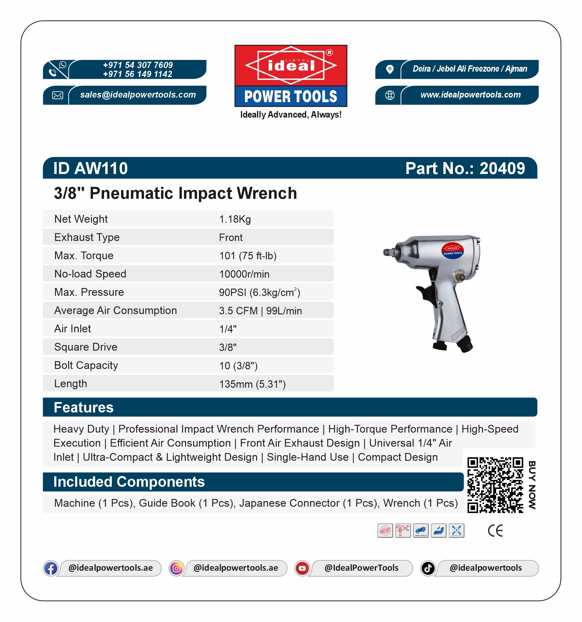 Product label for 3/8" Pneumatic Impact Wrench ID AW110 with specifications and branding details.