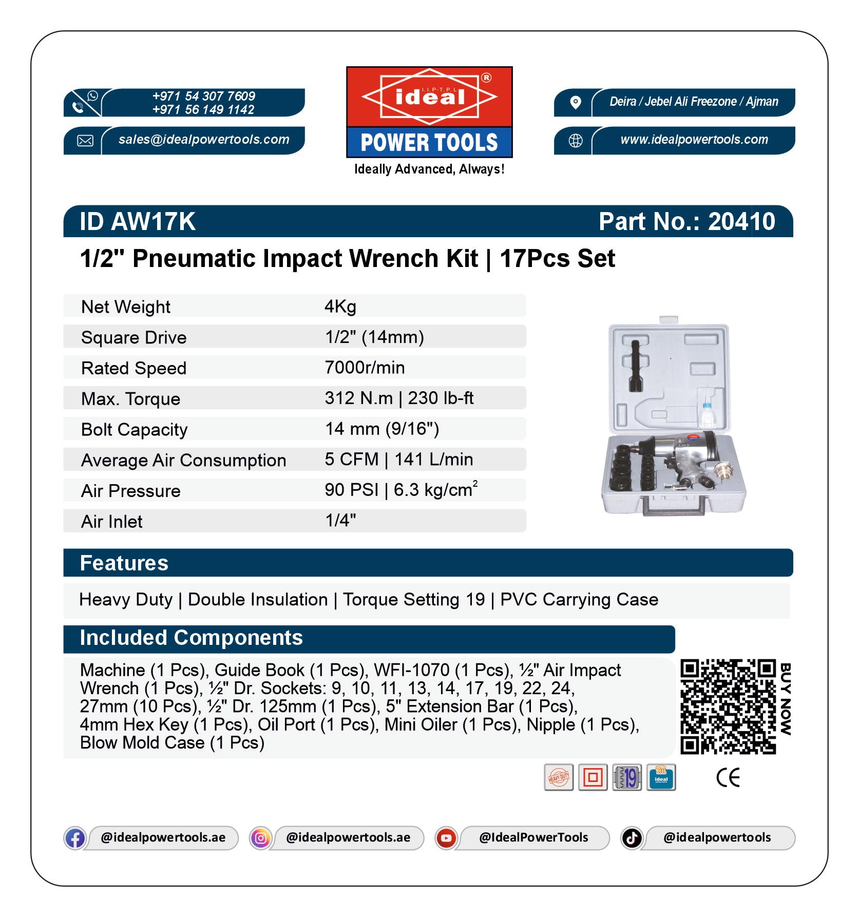 Product label for 1/2" Pneumatic Impact Wrench Kit with specifications and features.