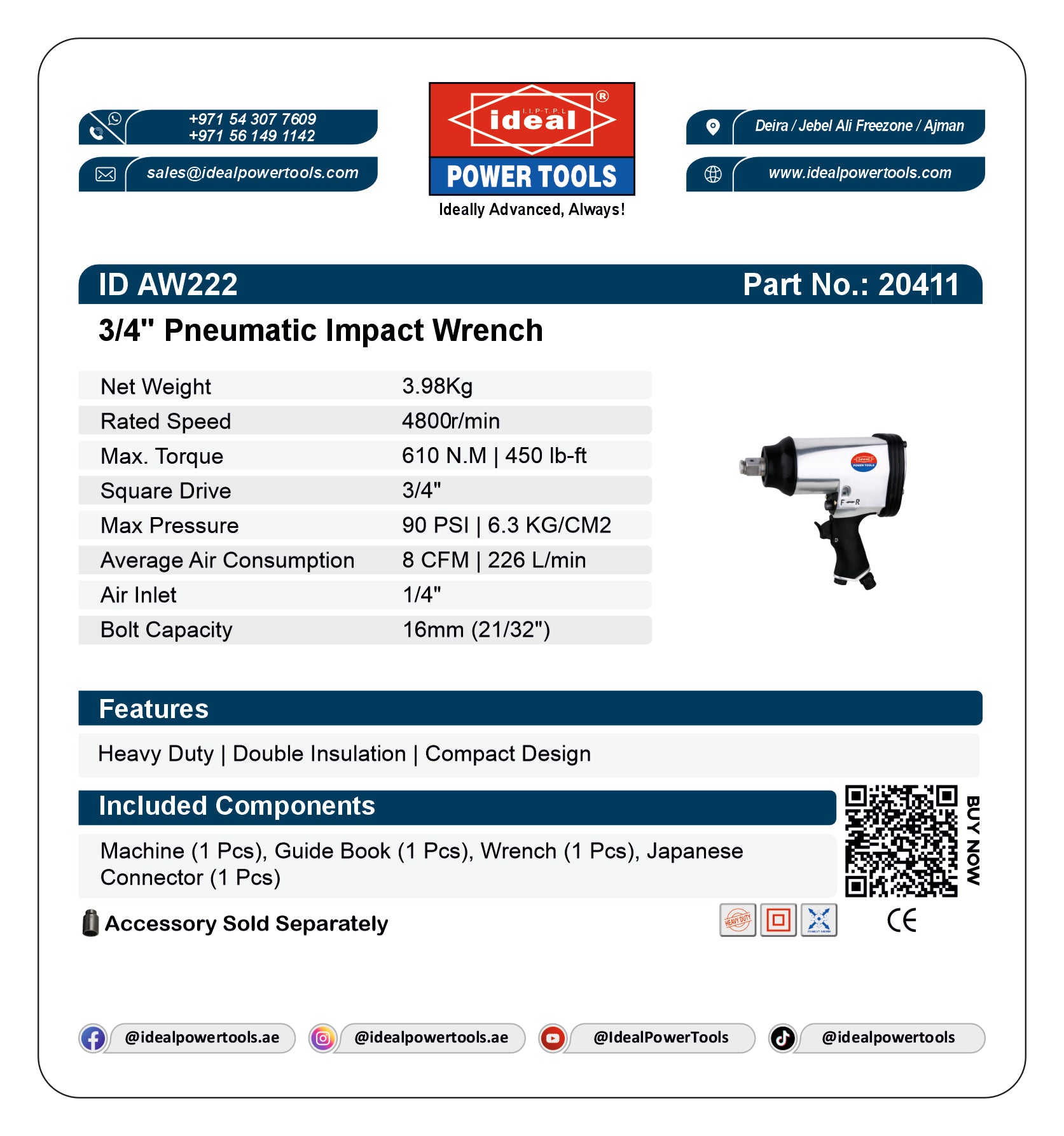 Product label for 3/4" Pneumatic Impact Wrench with specifications and branding details.