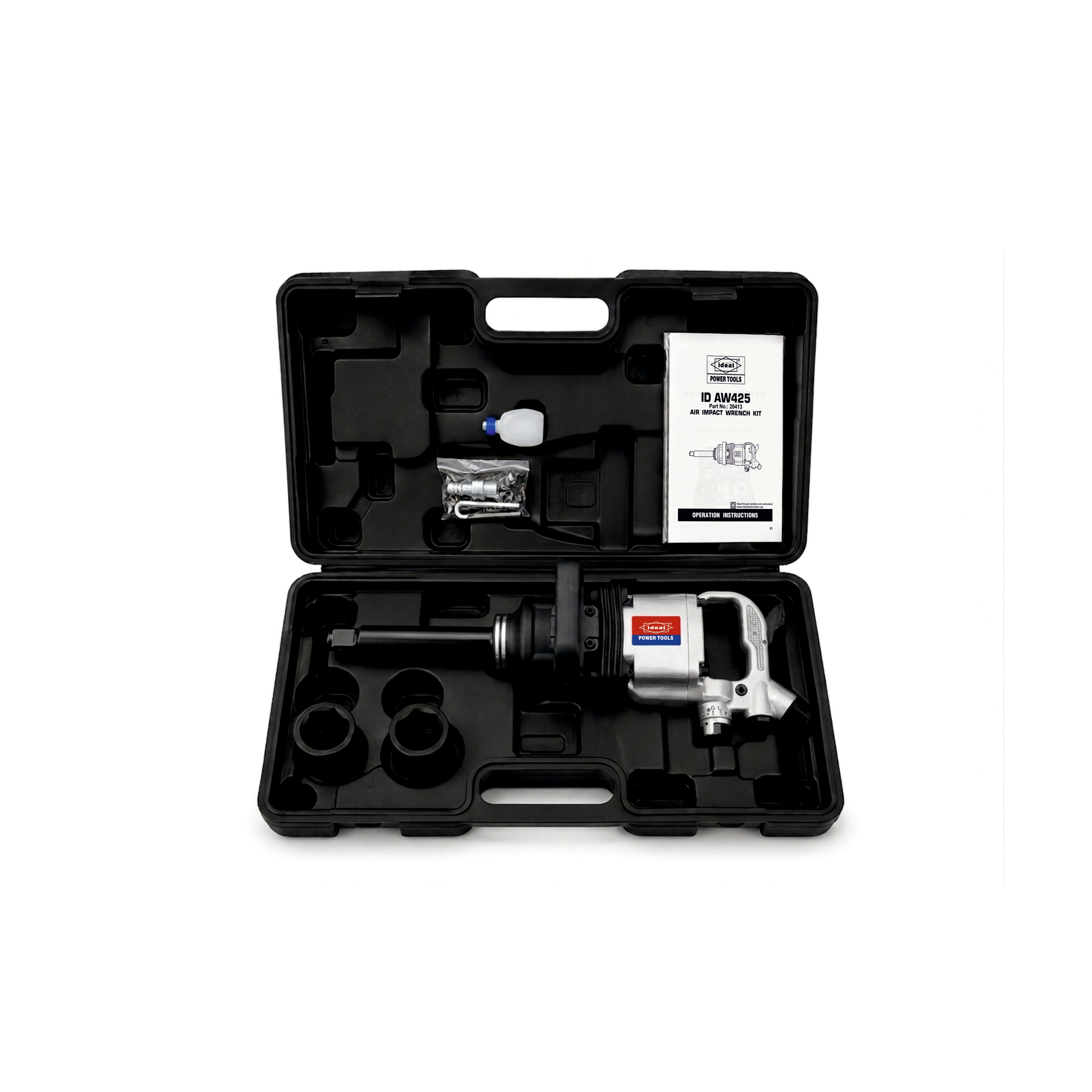 Tool kit with a ID AW425 wrench and accessories on a white background