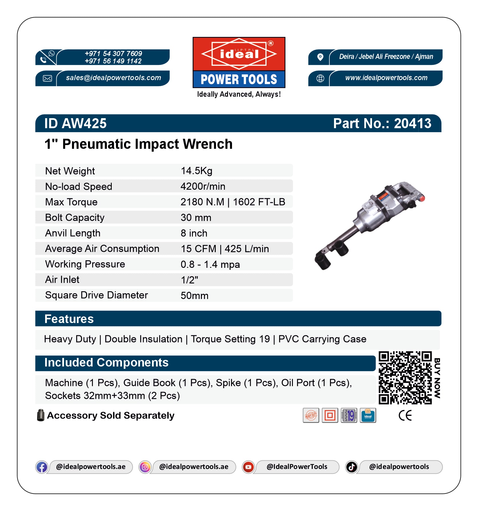 Product card for 1" Pneumatic Impact Wrench with specifications and branding details.