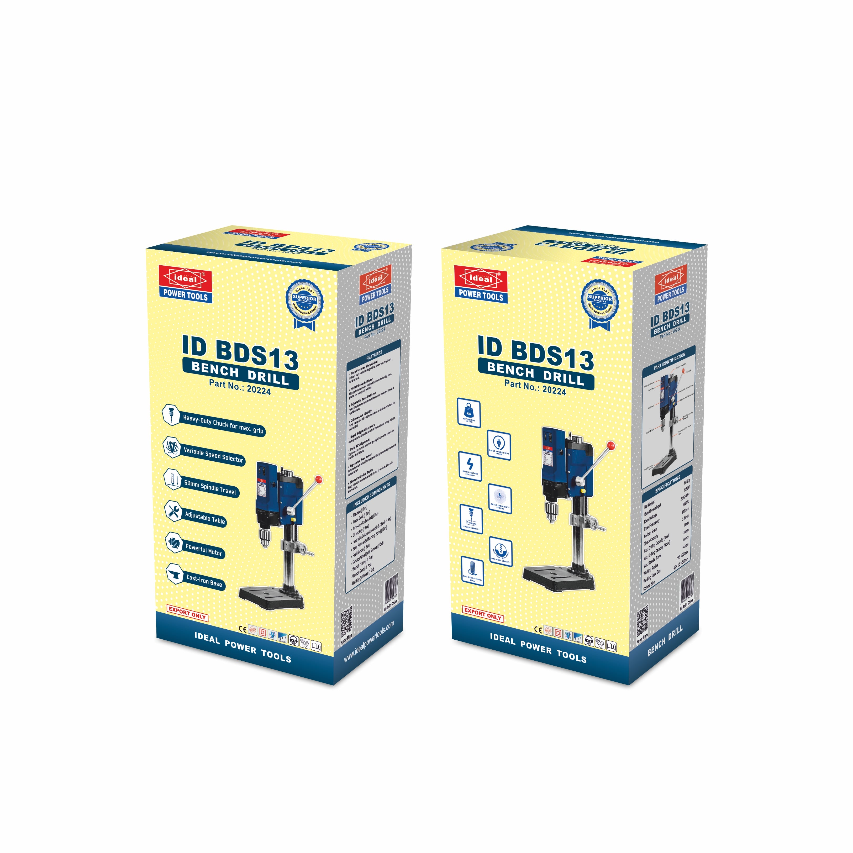 Two boxes of IDEAL POWER TOOLS ID BDS13 bench drill on a white background