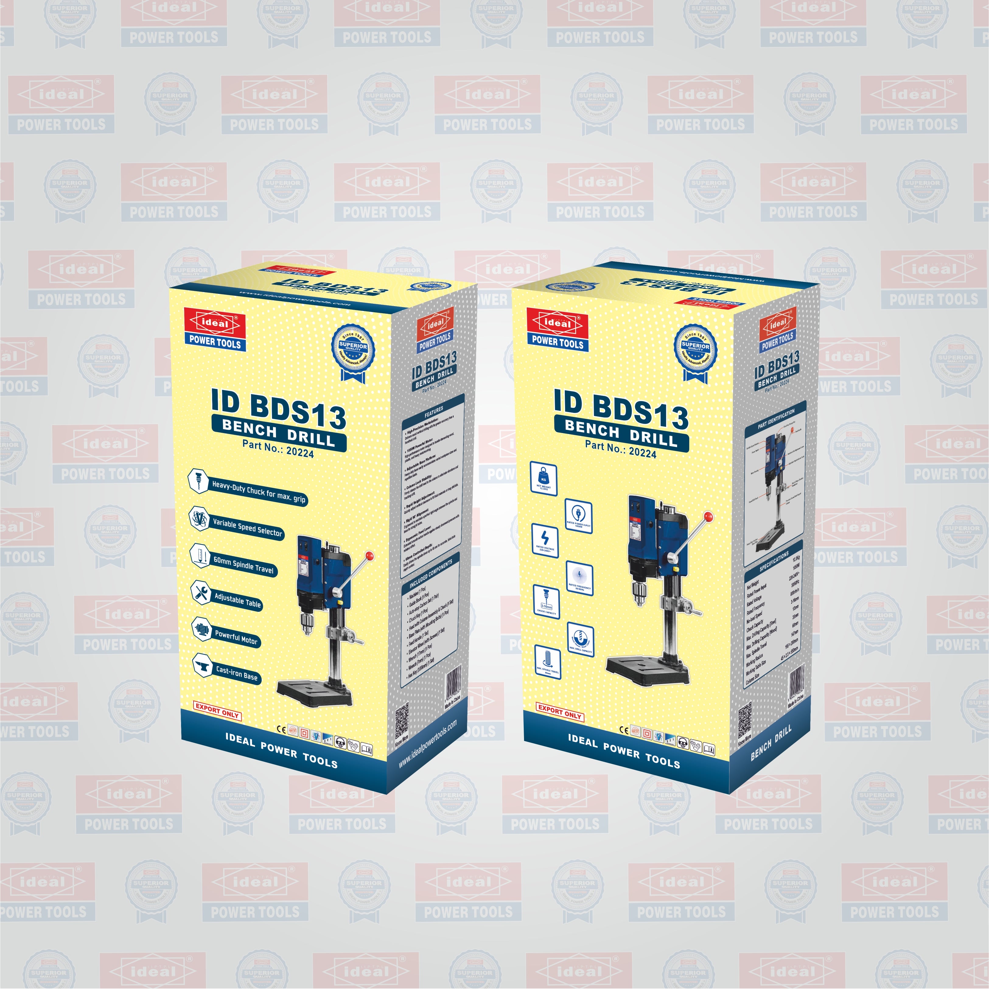 Two boxes of IDEAL POWER TOOLS ID BDS13 Bench Drill on a light gray background.