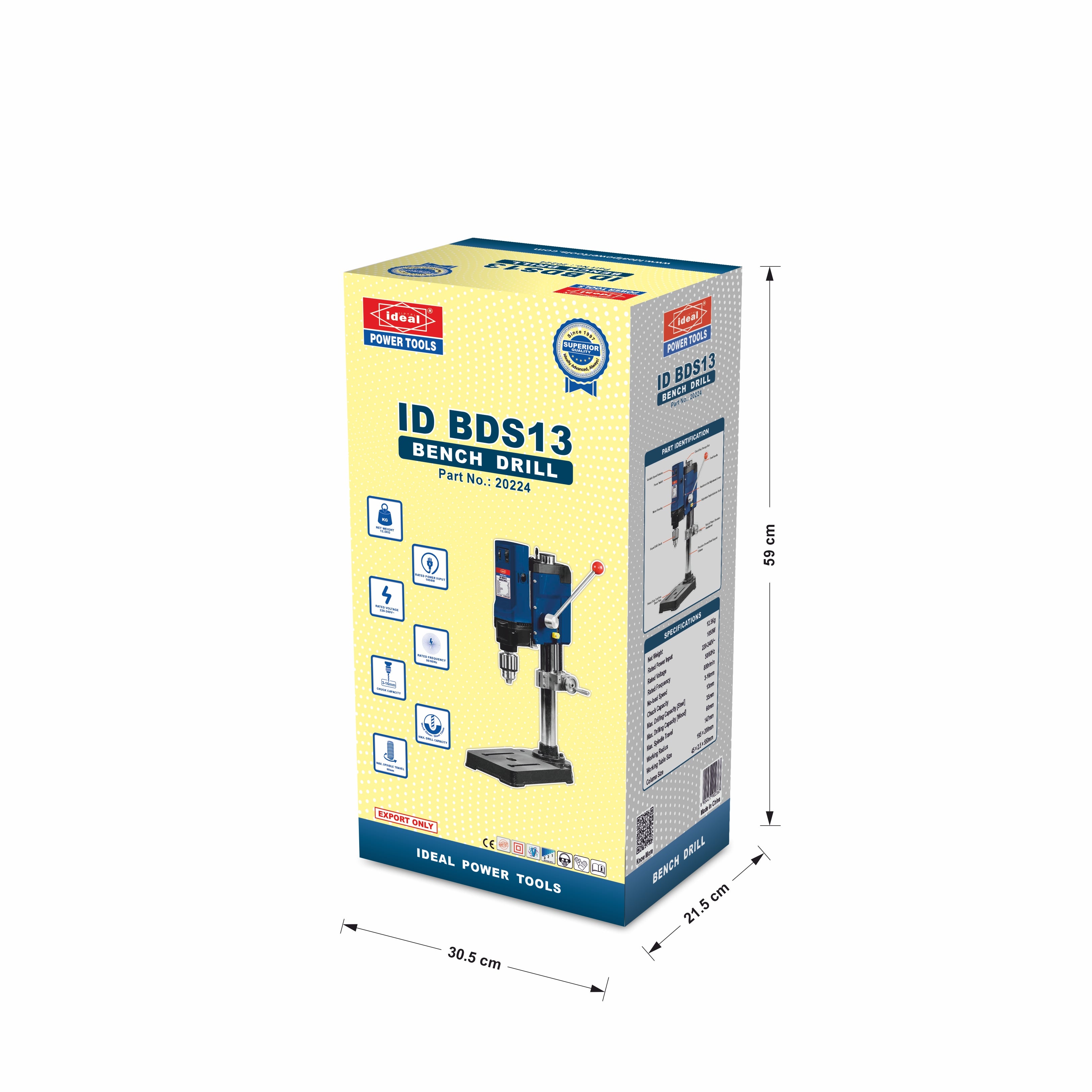 Boxed bench drill ID BDS13 with dimensions on a white background