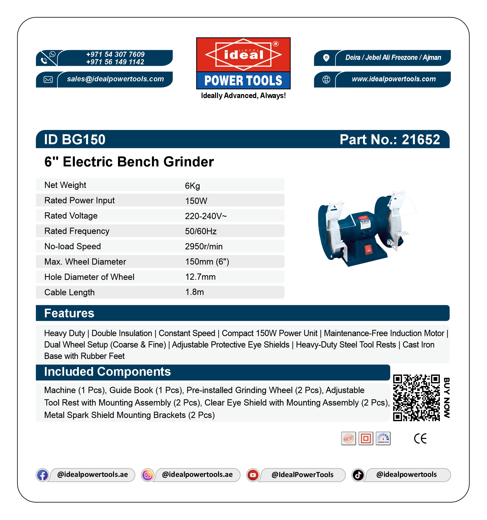 A white product information card for an Ideal Power Tools 6-inch electric bench grinder, showing the model ID BG150, part number 21652, specifications, features, included components, and a QR code.