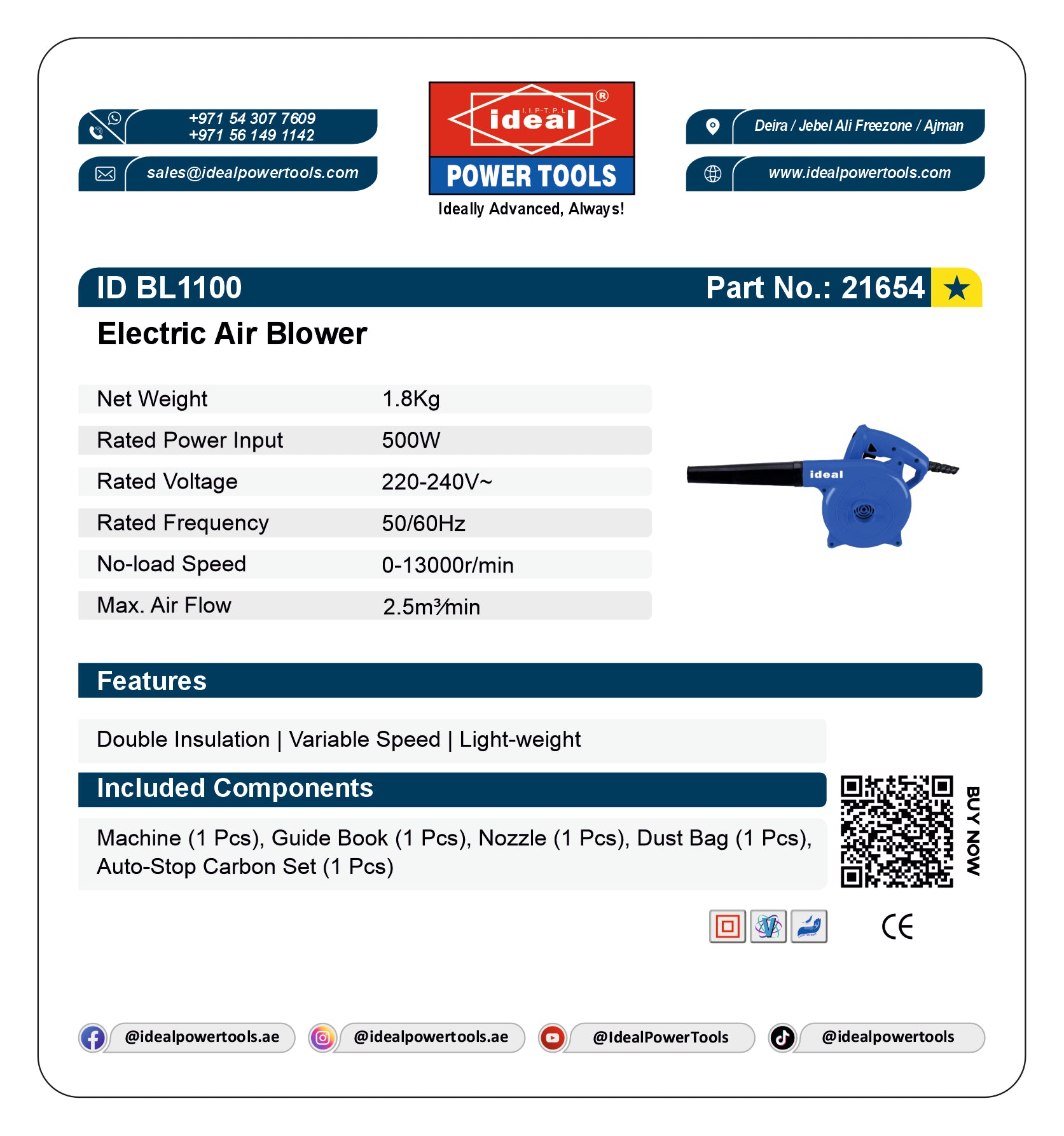 Product label for Ideal Electric Air Blower ID BL1100 with specifications and branding details.