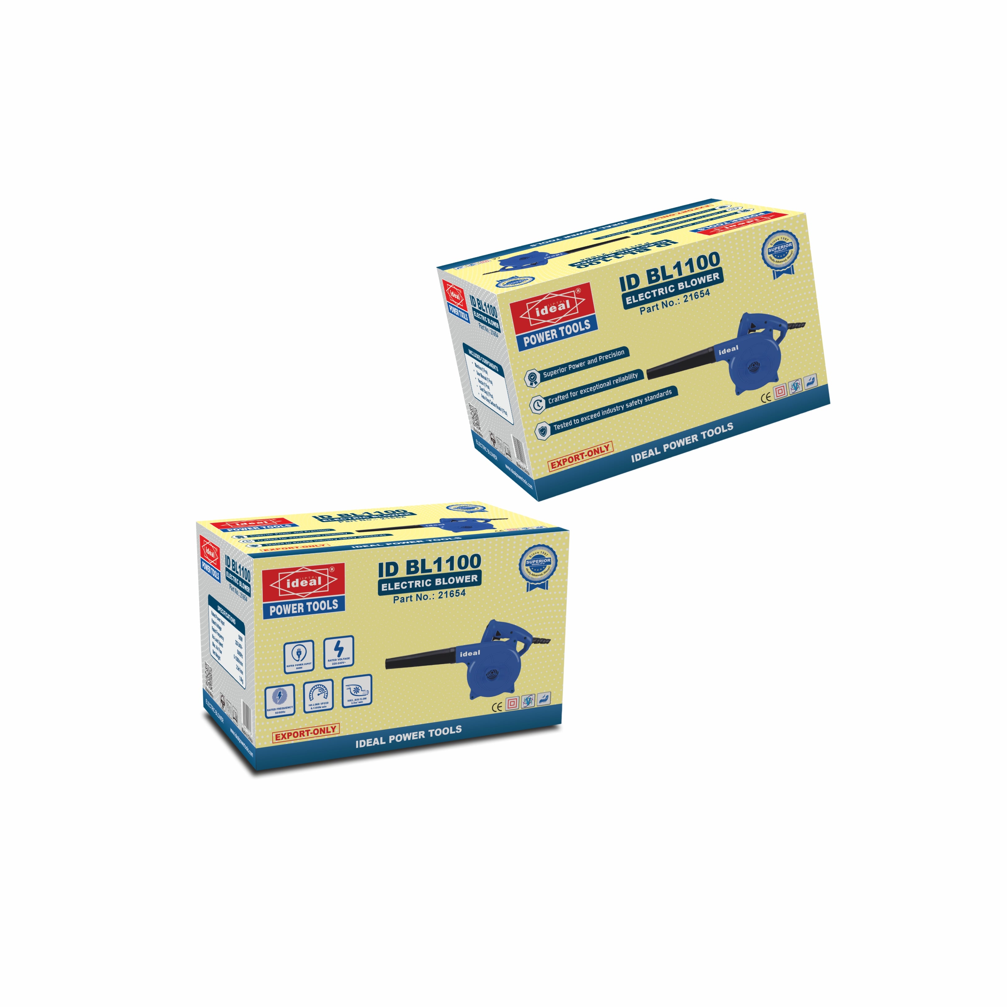 Two boxes of Ideal Power Tools electric blower ID BL1100 on a white background