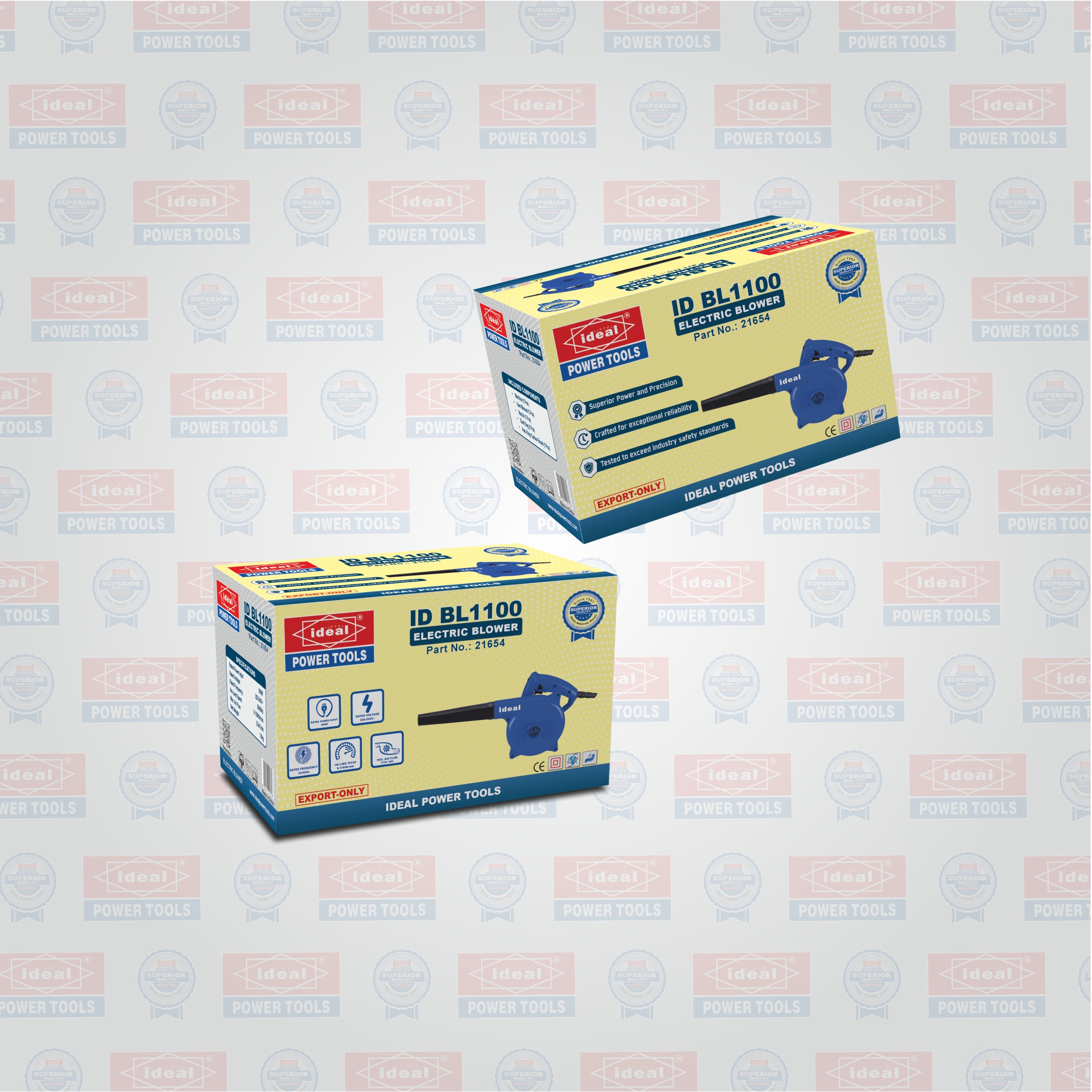 Two boxes of Ideal Power Tools blower ID BL1100 on a branded background