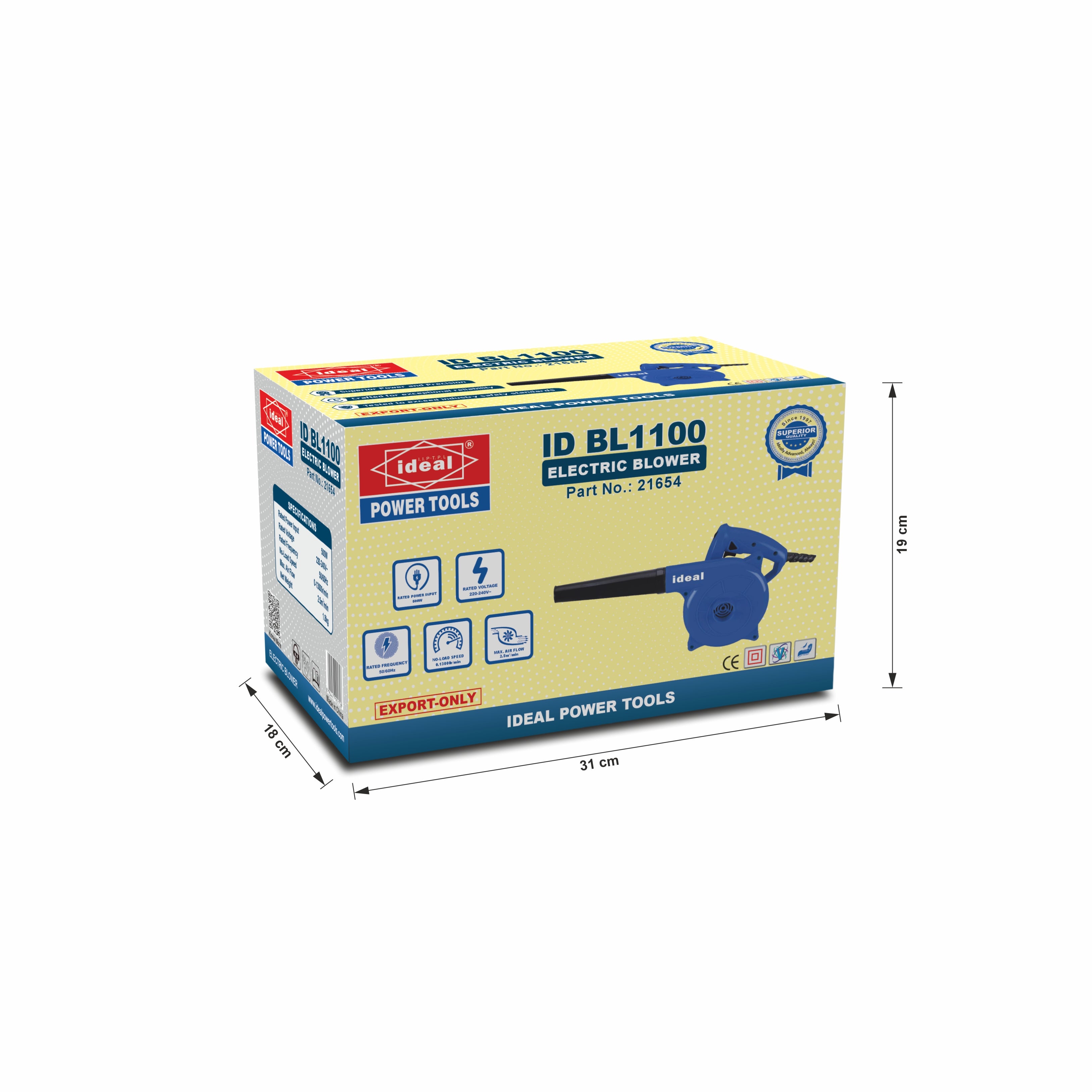 Box of Ideal Power Tools electric blower ID BL1100 with dimensions on a white background