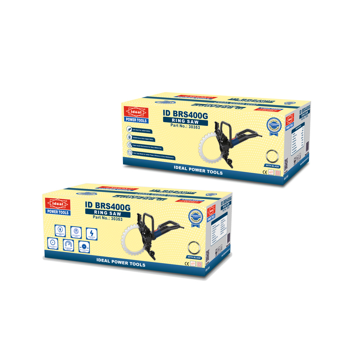Two boxes of Ideal Power Tools ring saw on a white background