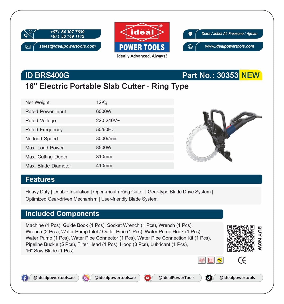 Product label for 16" Electric Portable Slab Cutter with specifications and branding details.