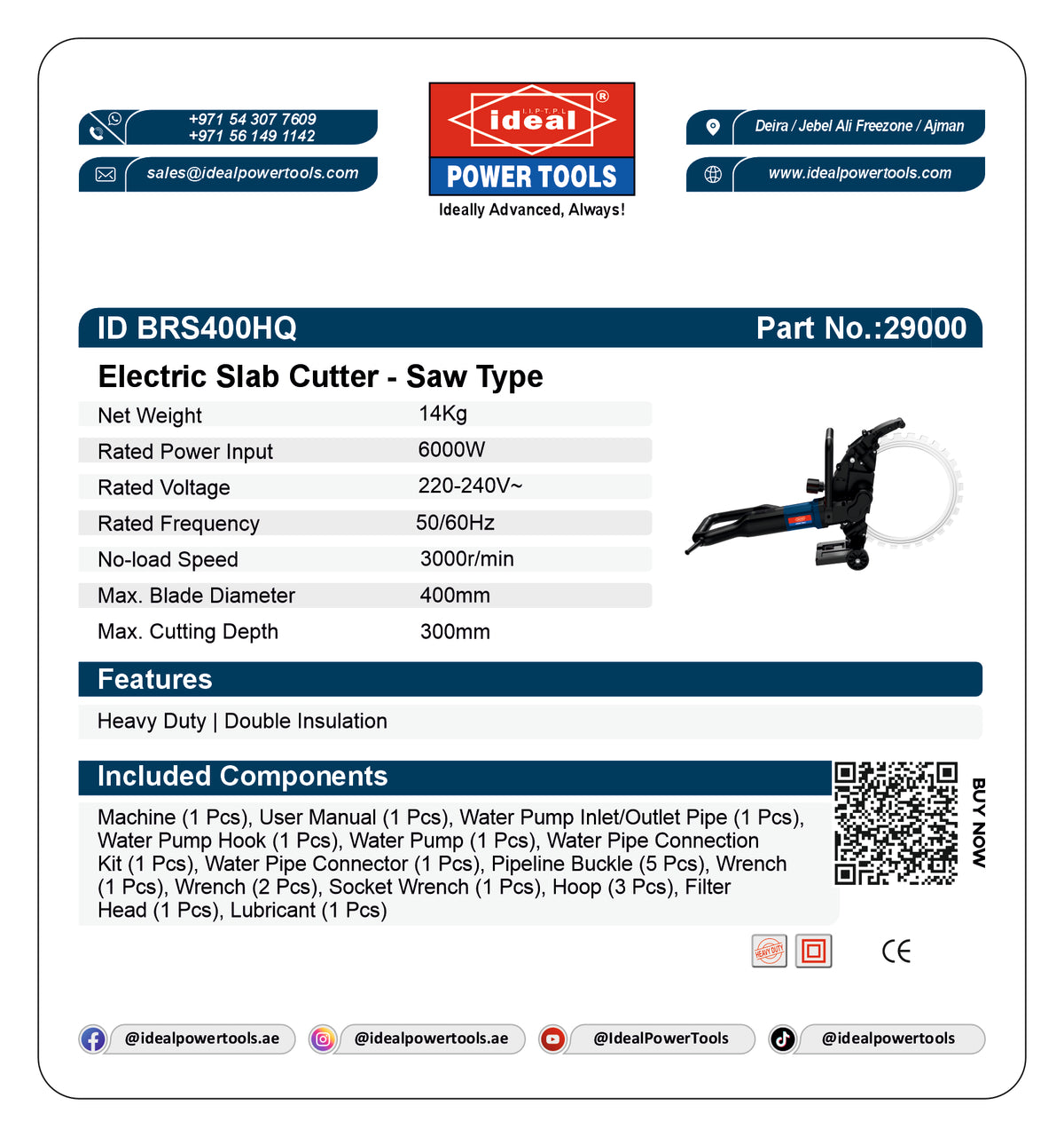 Product label for Electric Slab Cutter ID BRS400HQ with specifications and branding details.