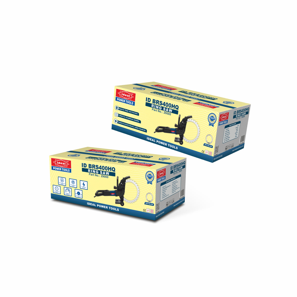 Two boxes of Ideal Power Tools ring saw slab cutter ID BRS400HQ with a blue and yellow design on a white background