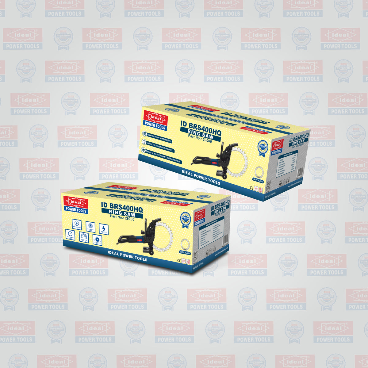 Two boxes of Ideal Power Tools slab cutter ID BRS400HQ on a light gray background with brand logos.