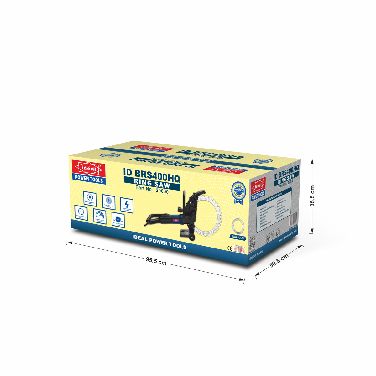 Box of Ideal Power Tools ring saw ID BRS400HQ with dimensions on a white background