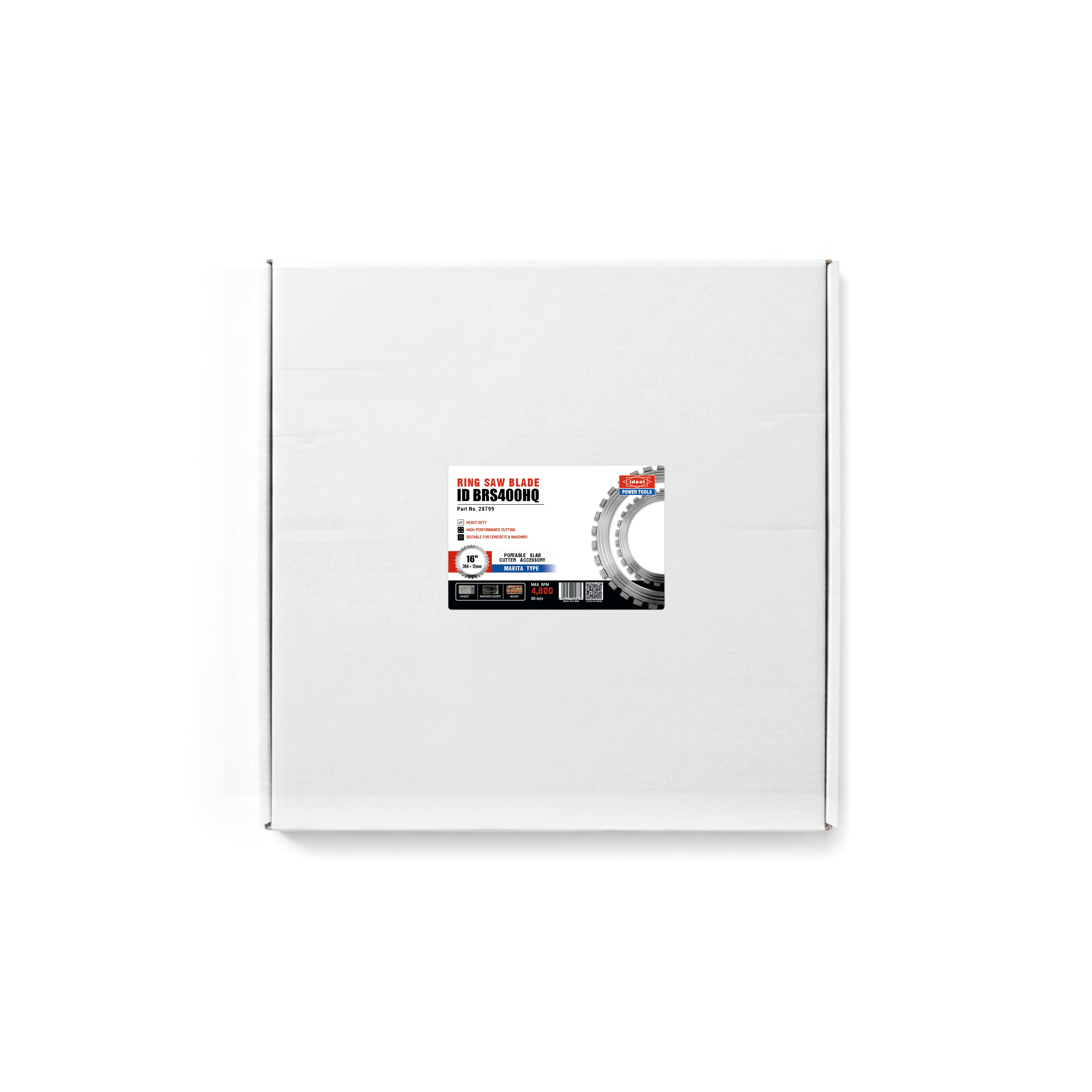 A white square cardboard box with a small product label on the front, photographed against a plain white background.