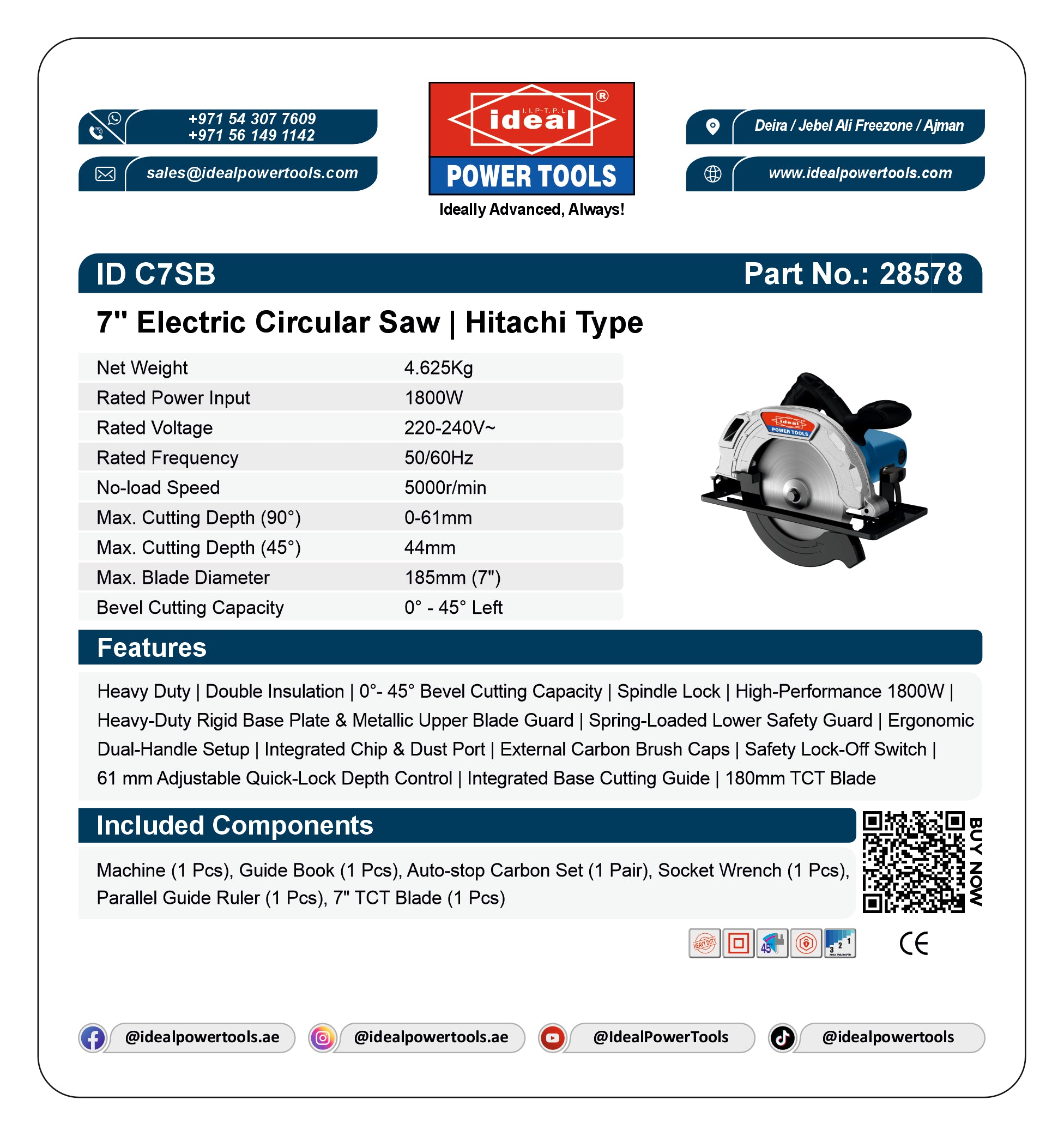 A product information card for an Ideal Power Tools 7-inch electric circular saw. The card features the red and blue Ideal Power Tools logo, product specifications in a table, a black and red product illustration, and a list of included components on a white background.
