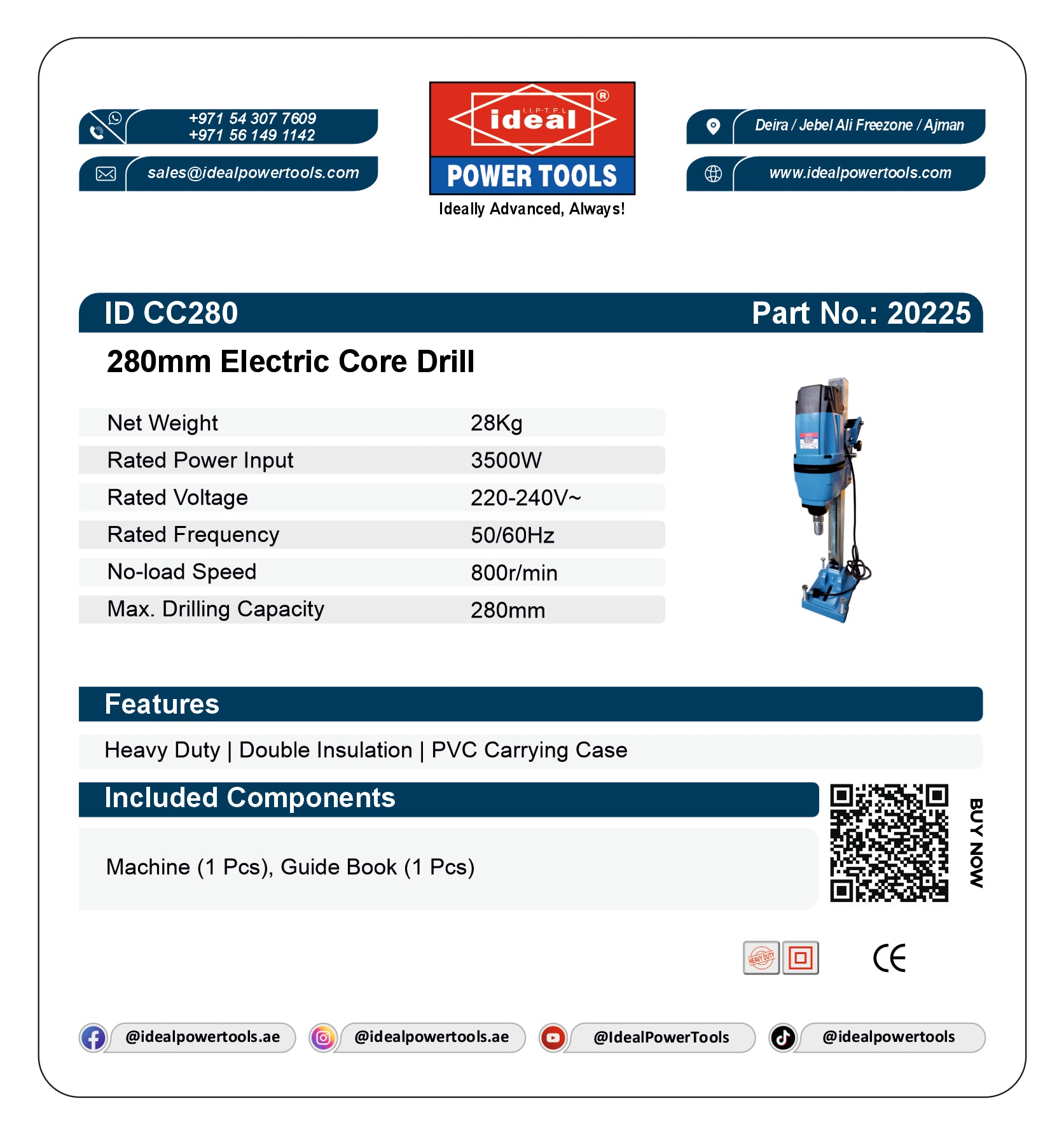 Product label for 280mm Electric Core Drill with specifications and branding details.