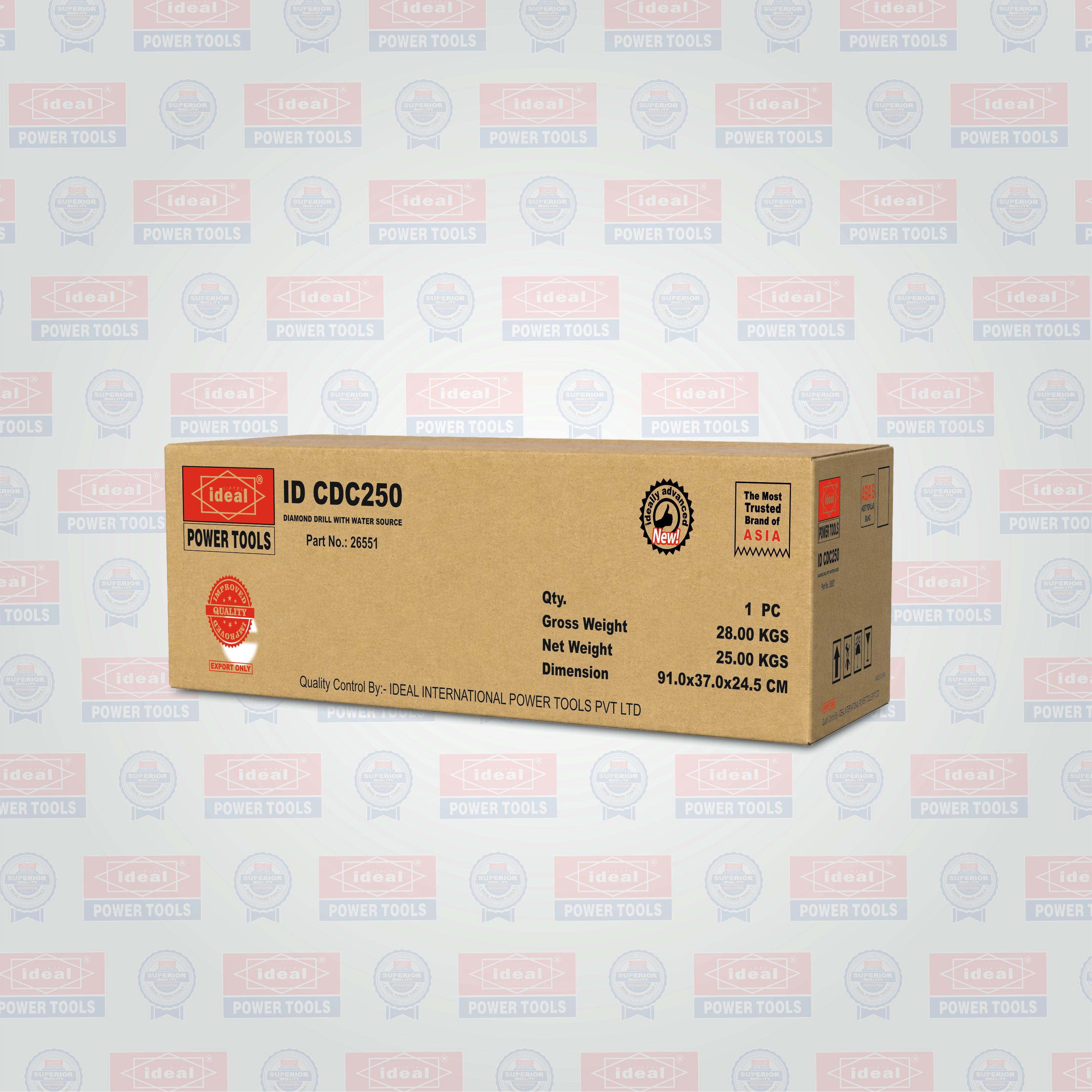 A brown cardboard box for Ideal Power Tools ID CDC250, displayed on a light gray background with a repeating faint watermark pattern.