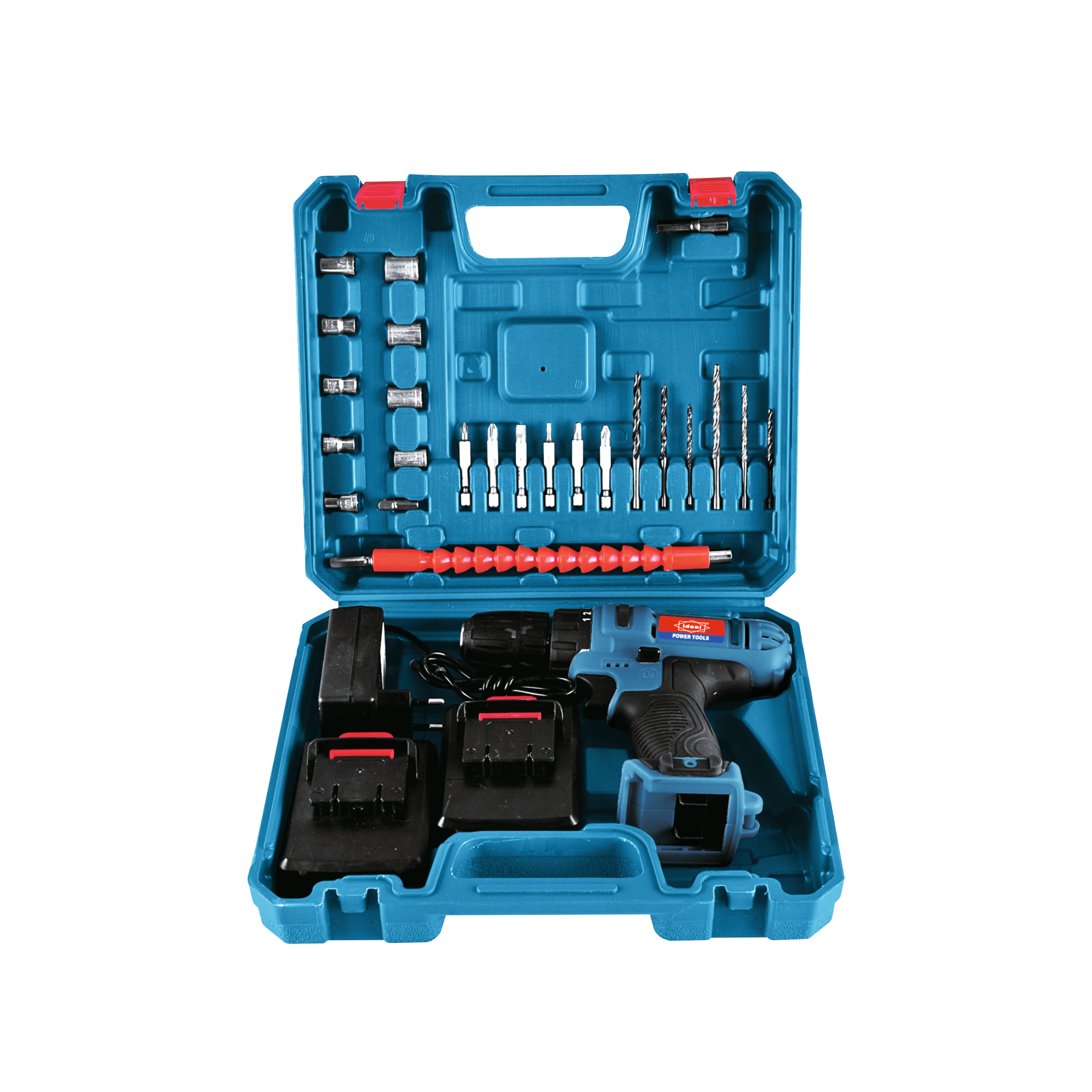 Blue toolbox with a cordless drill and accessories on a white background