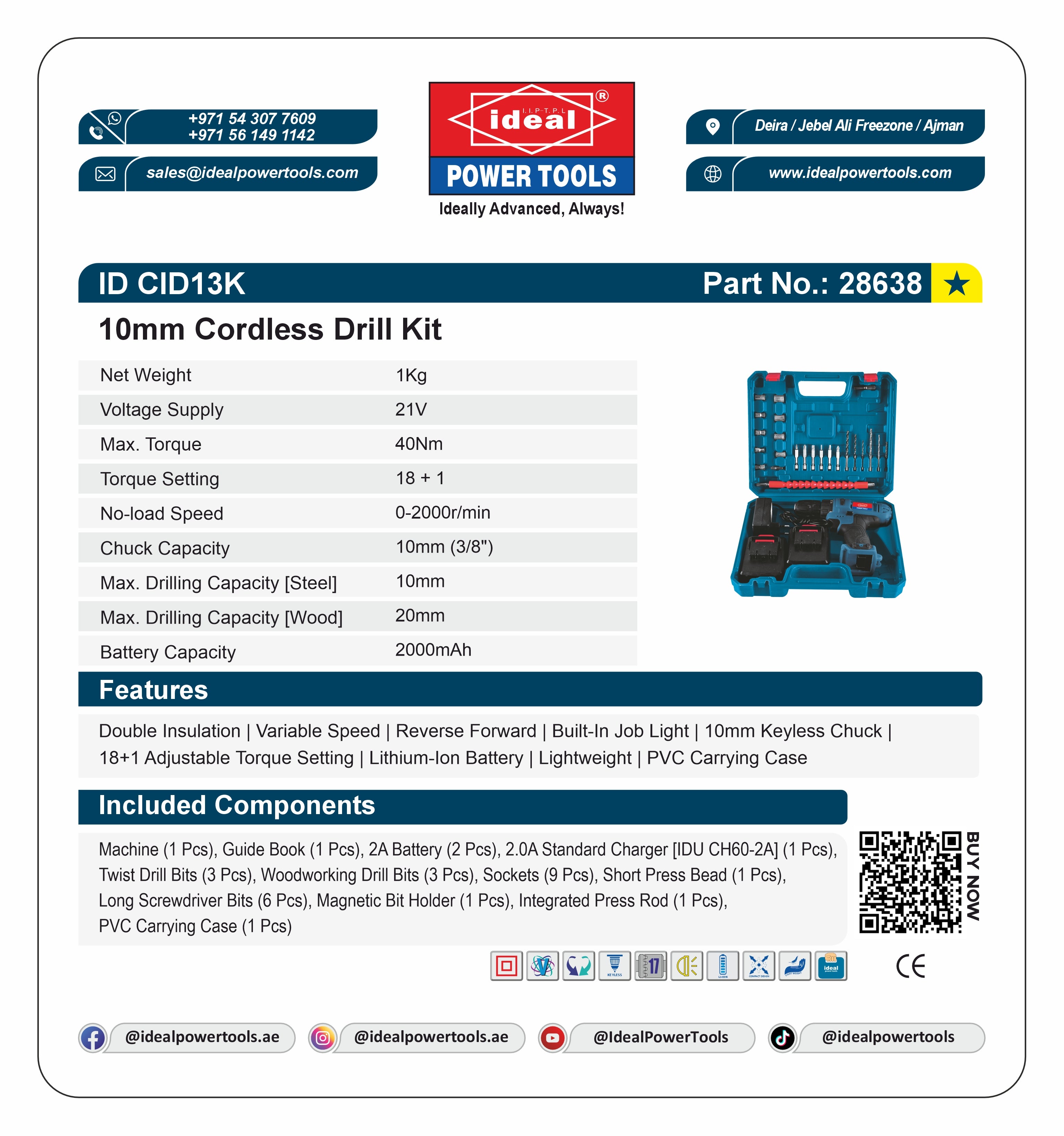 Ideal Power Tools 10mm Cordless Drill Kit packaging with specifications and features listed.