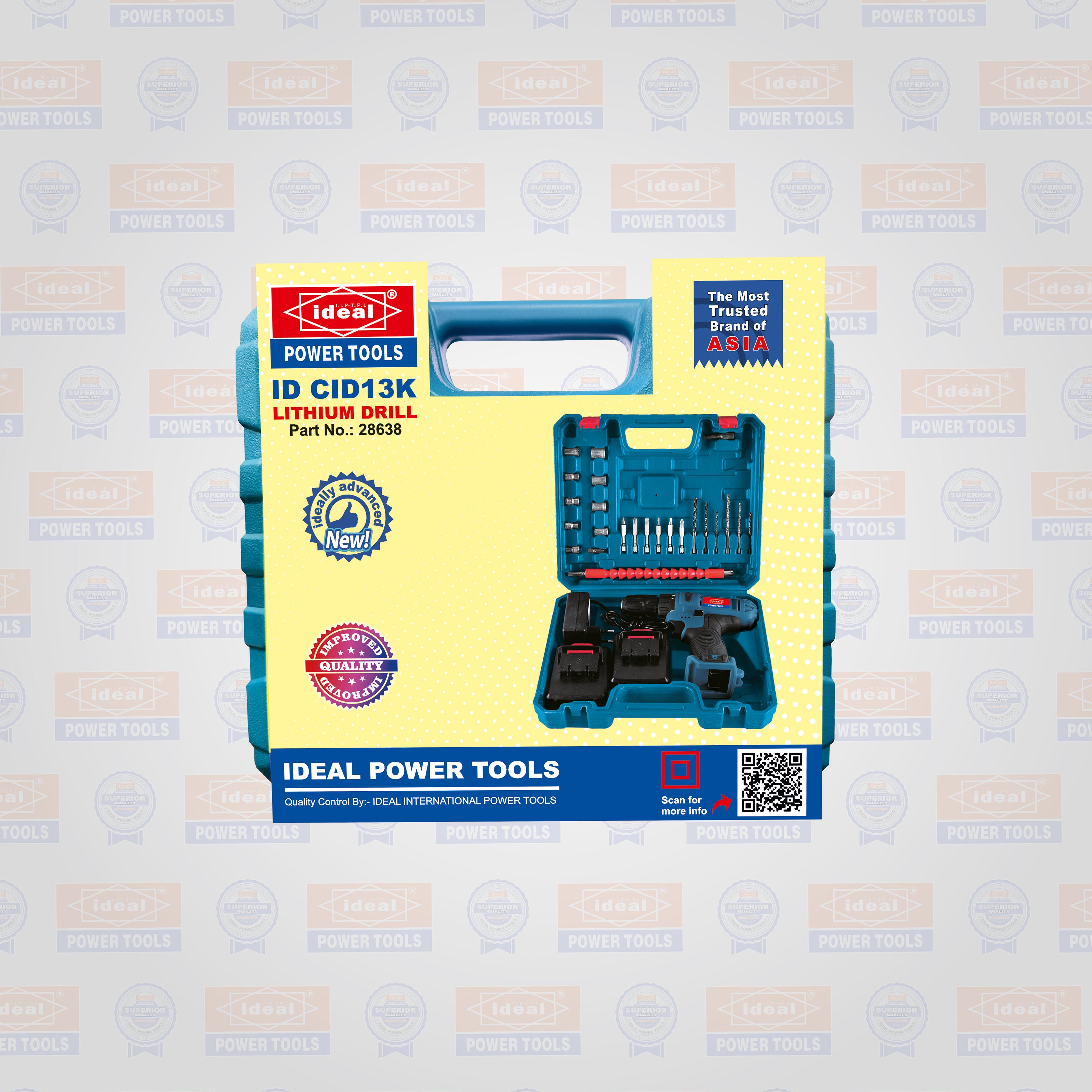 Ideal Power Tools lithium drill set packaging on a branded background