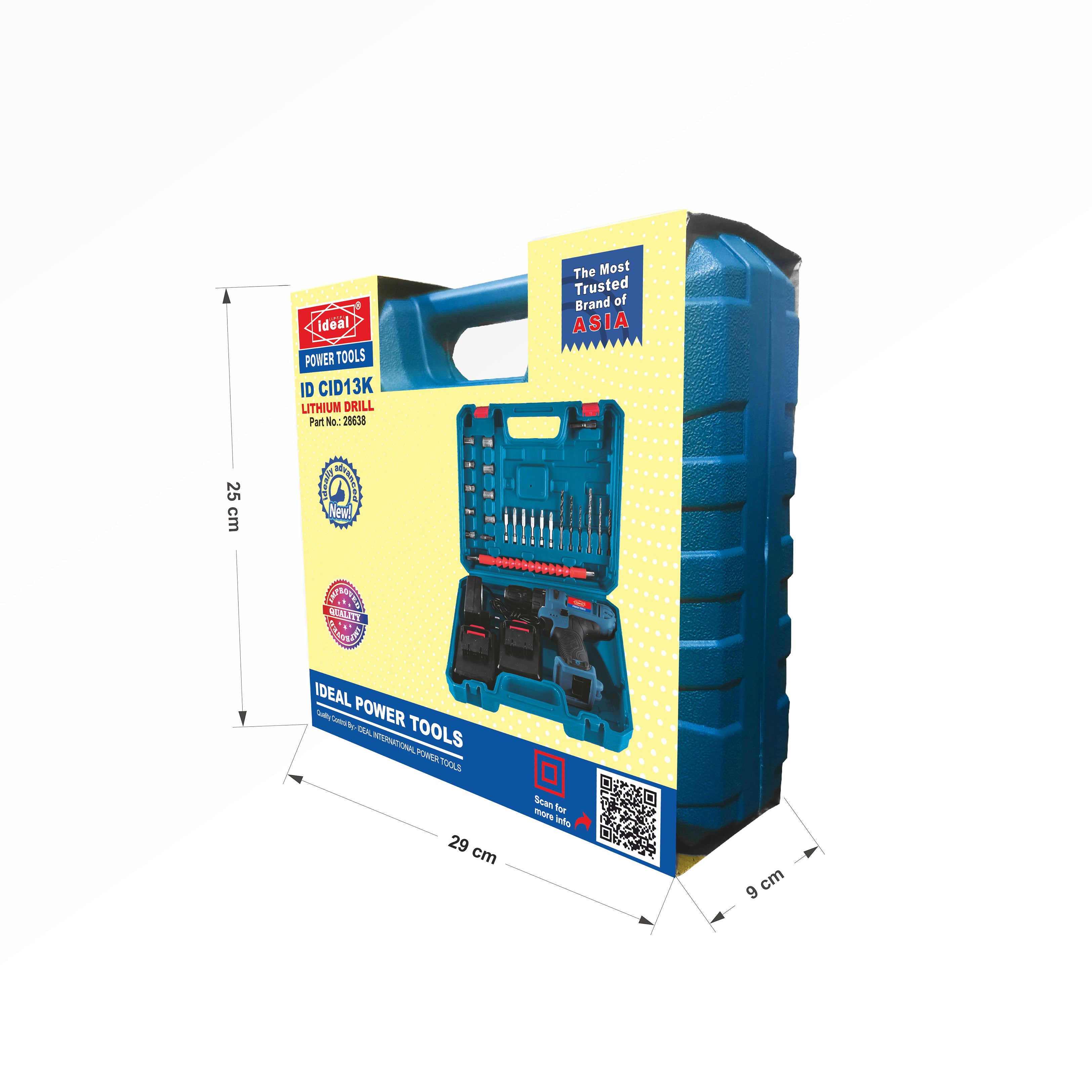 Blue and yellow packaging of Ideal Power Tools drill set with dimensions on a white background
