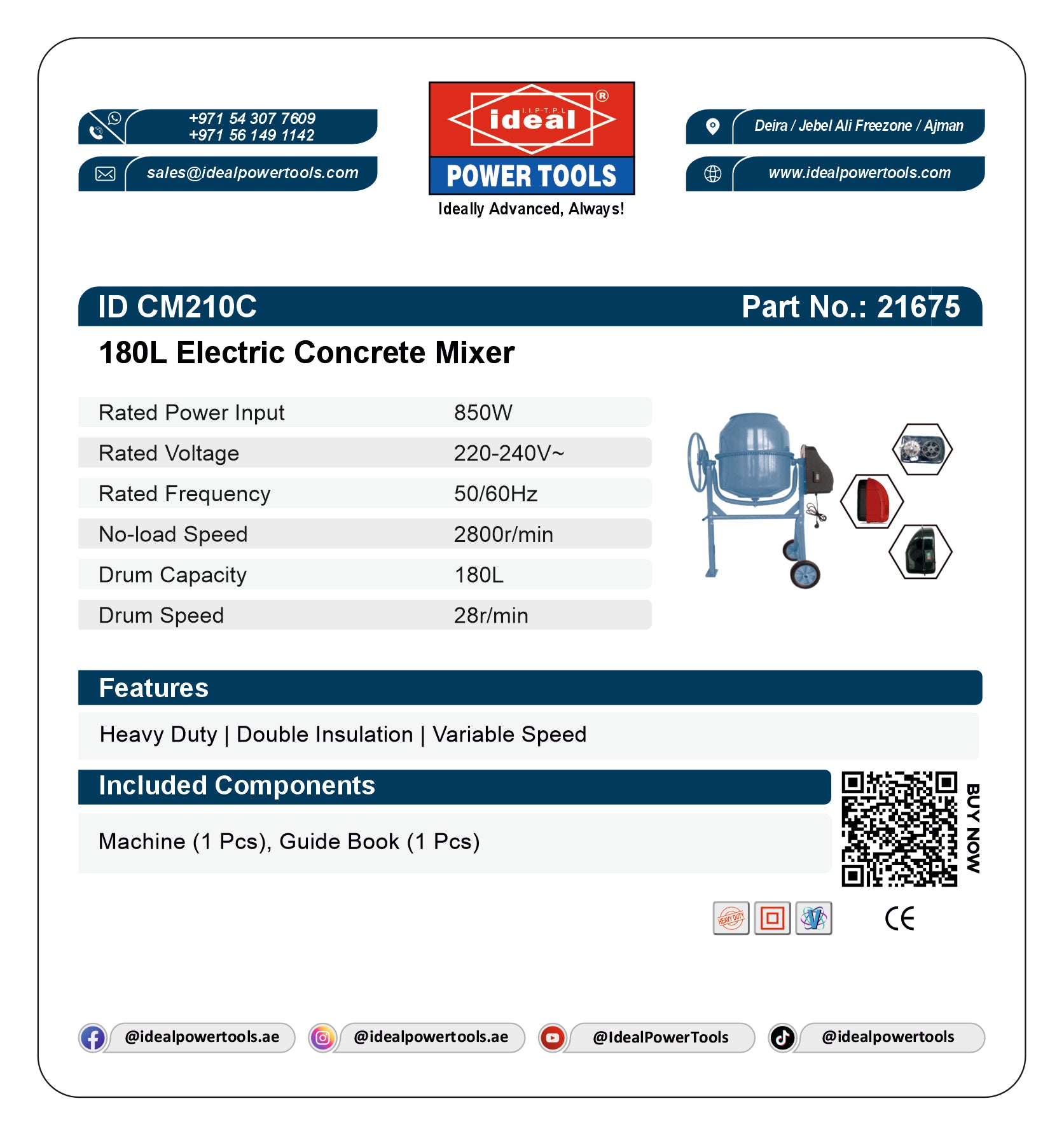 Product card for 180L Electric Concrete Mixer with specifications and branding details.