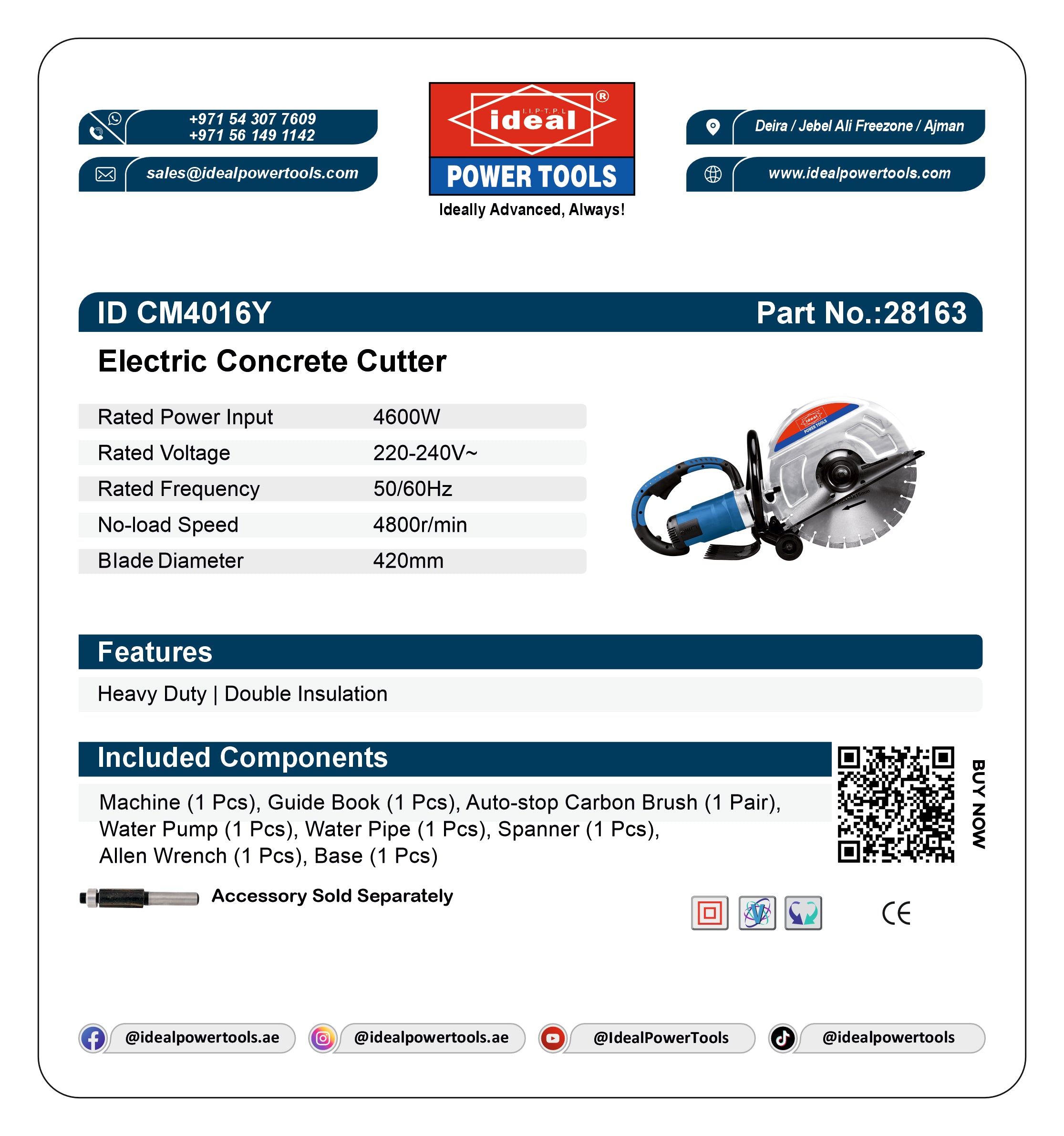 Product card for Electric Concrete Cutter with specifications and branding details.