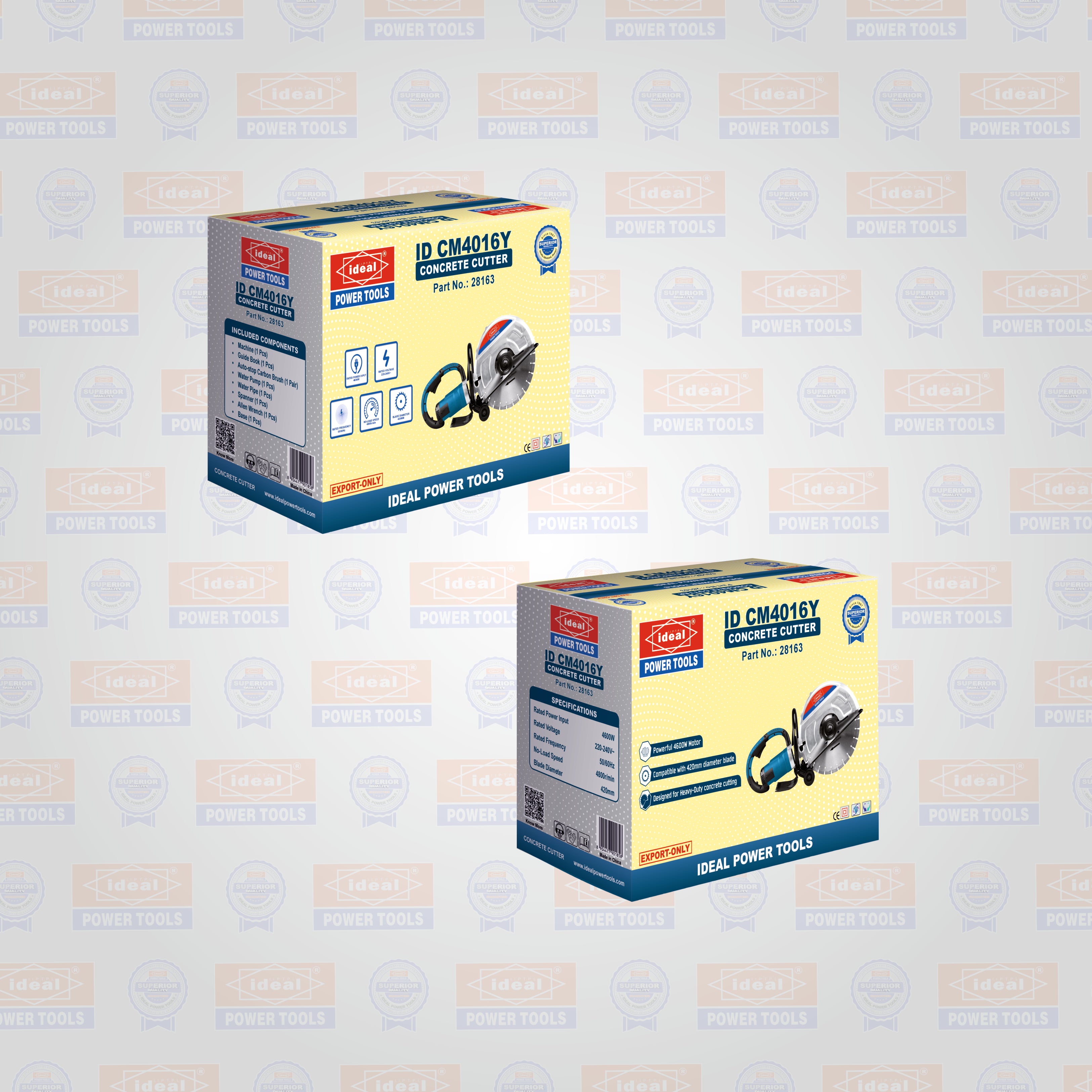 Two boxes of Electric Portable Slab Cutter on a light gray background with brand logos.