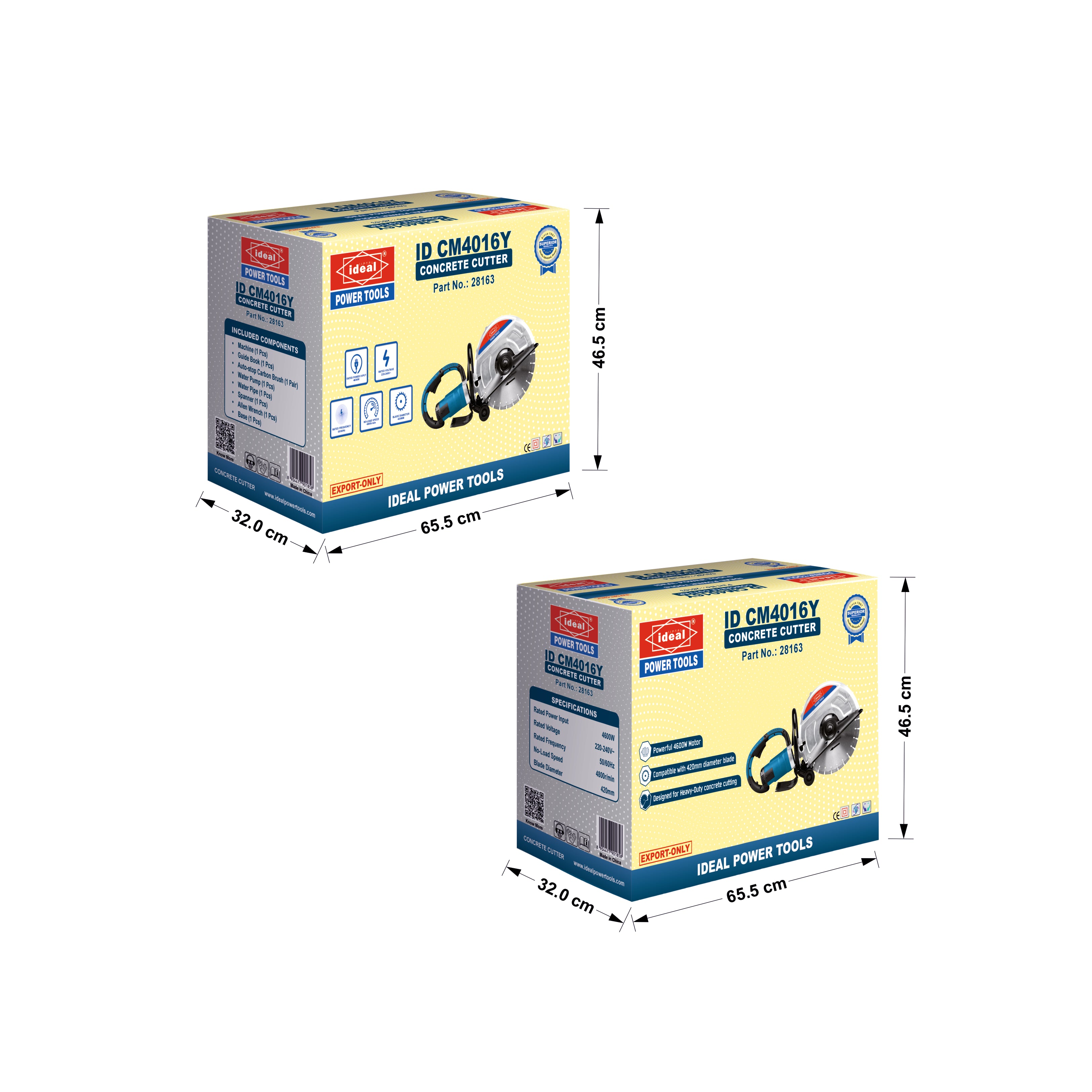 Two boxes of Electric Portable Slab Cutters on a white background with dimensions indicated.