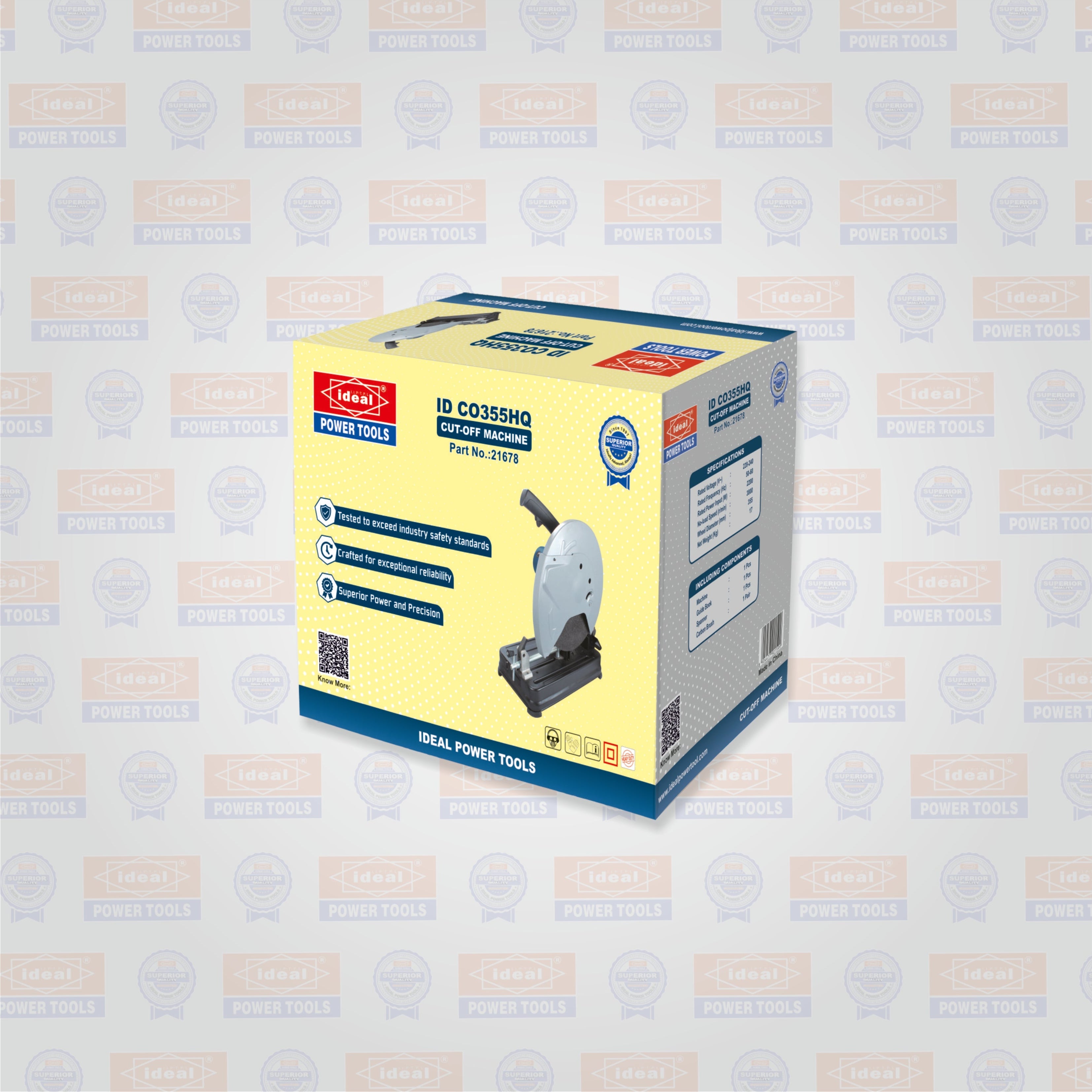 Box of Ideal Power Tools circular saw ID CO355HQ on a patterned background