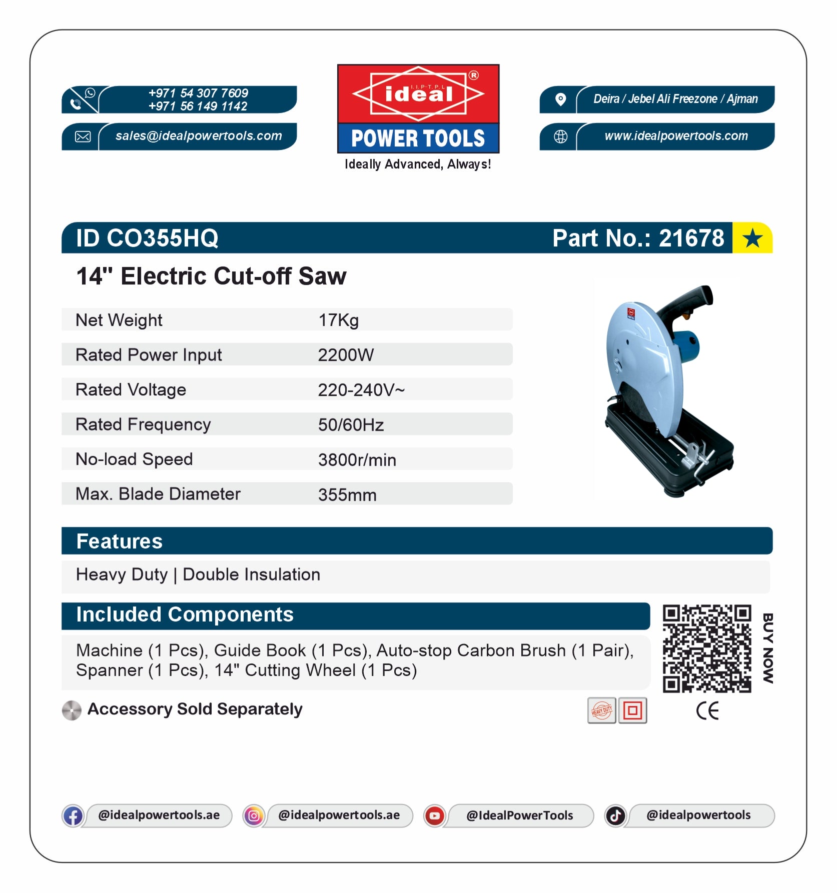 Product label for 14" Electric Cut-off Saw with specifications and branding details.