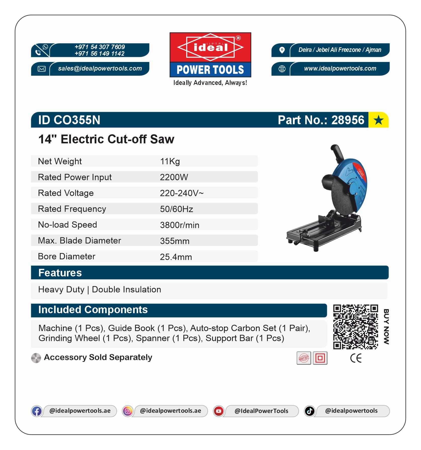 Product card for 14" Electric Cut-off Saw ID CO355N with specifications and branding details.