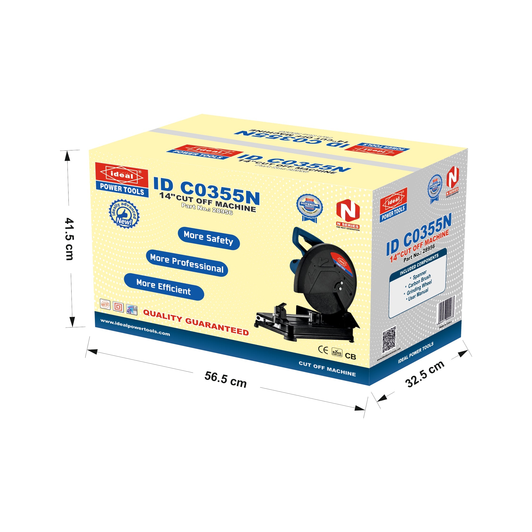 Box of electric Cut-off Saw ID CO355N with dimensions indicated