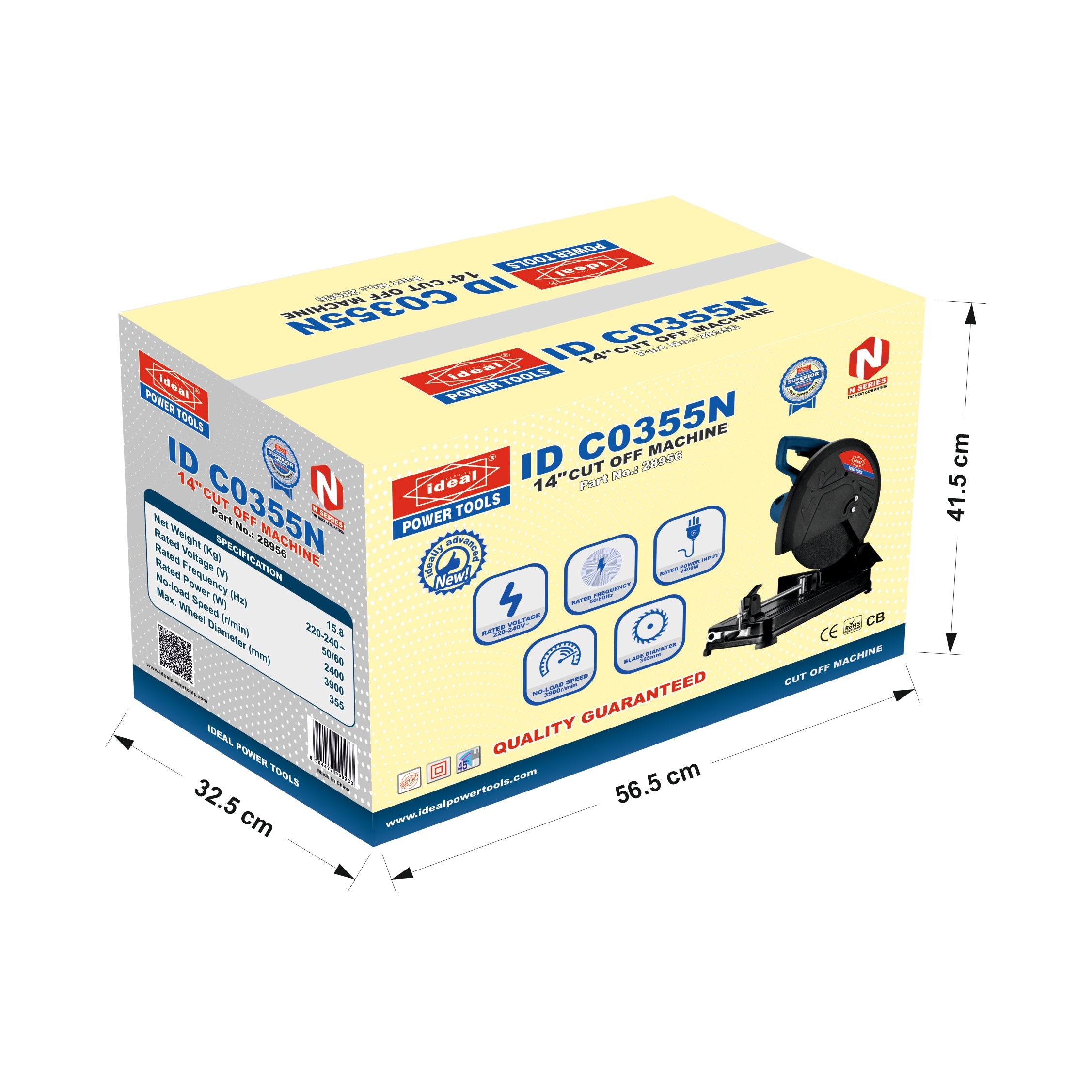 Box of electric Cut-off Saw machine ID CO355N with dimensions indicated on a white background