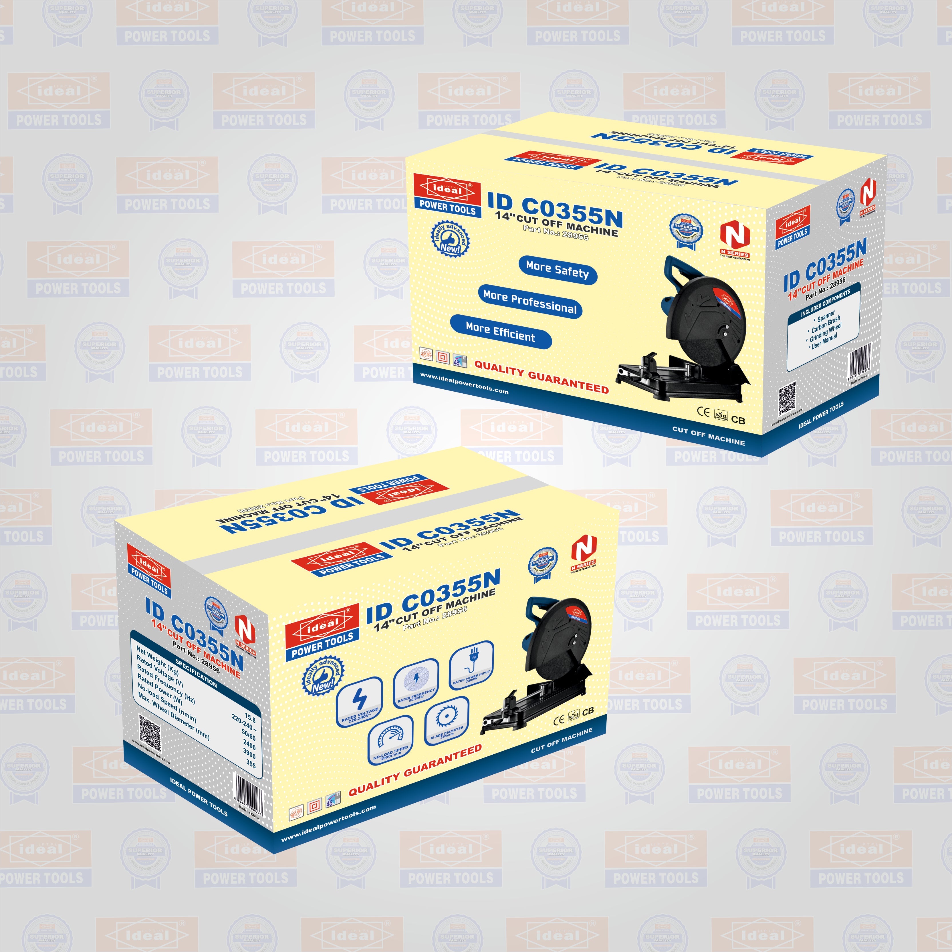 Two boxes of electric Cut-off Saw machine ID CO355N on a branded background