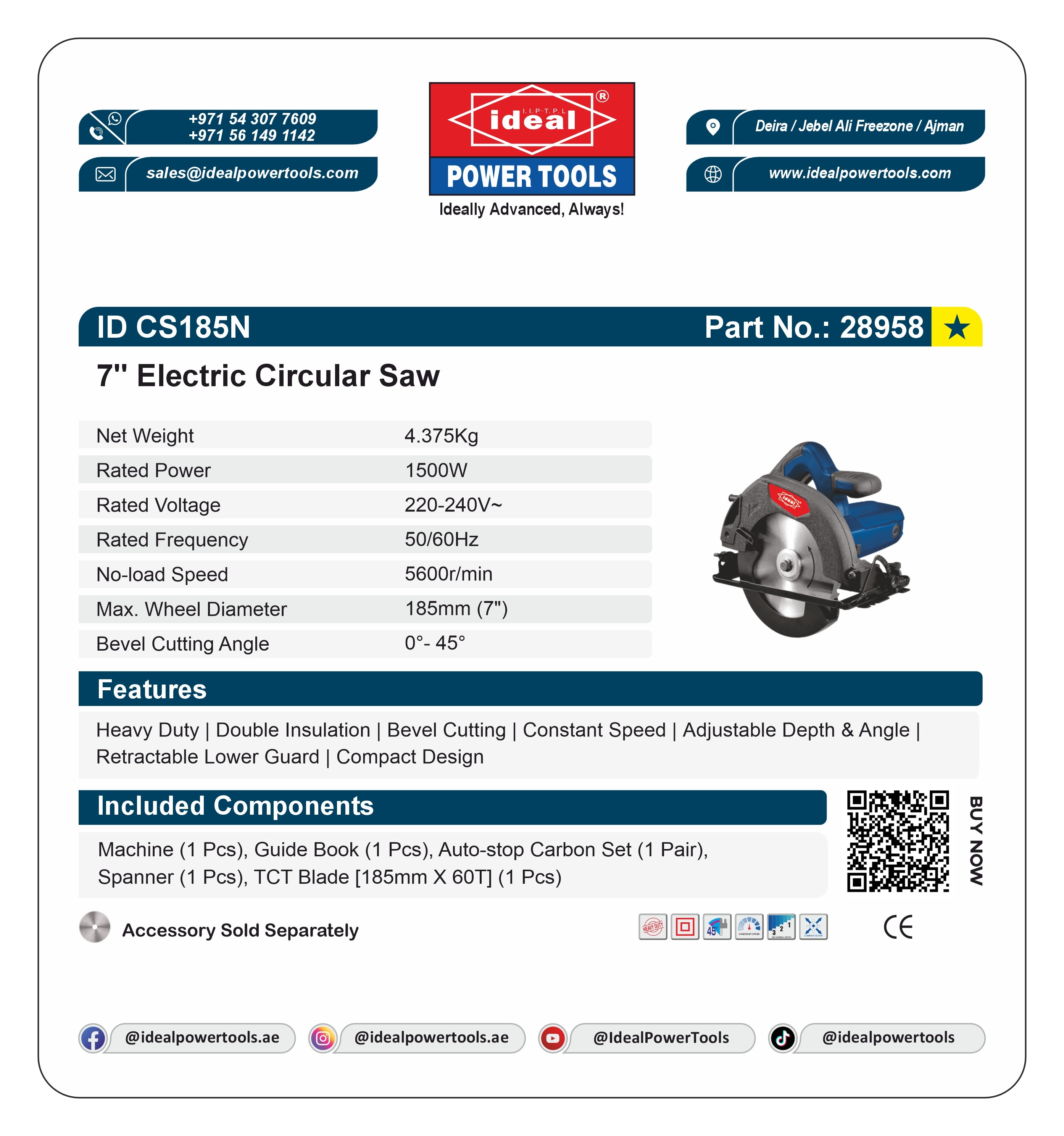 Product card for 7” Electric Circular Saw ID CS185N with specifications and branding details.