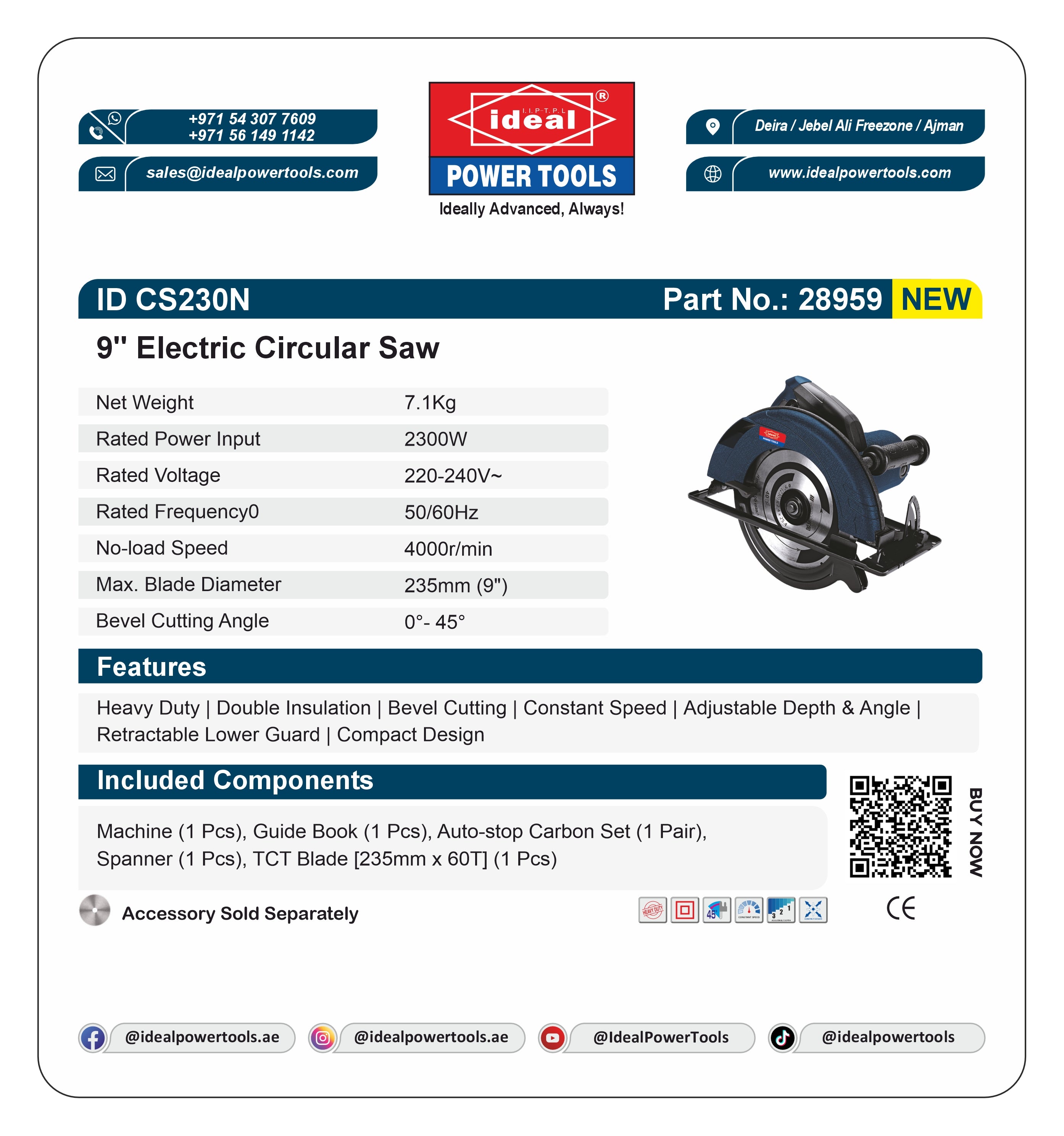 Product card for 9-inch electric circular saw ID CS230N with specifications and branding details.