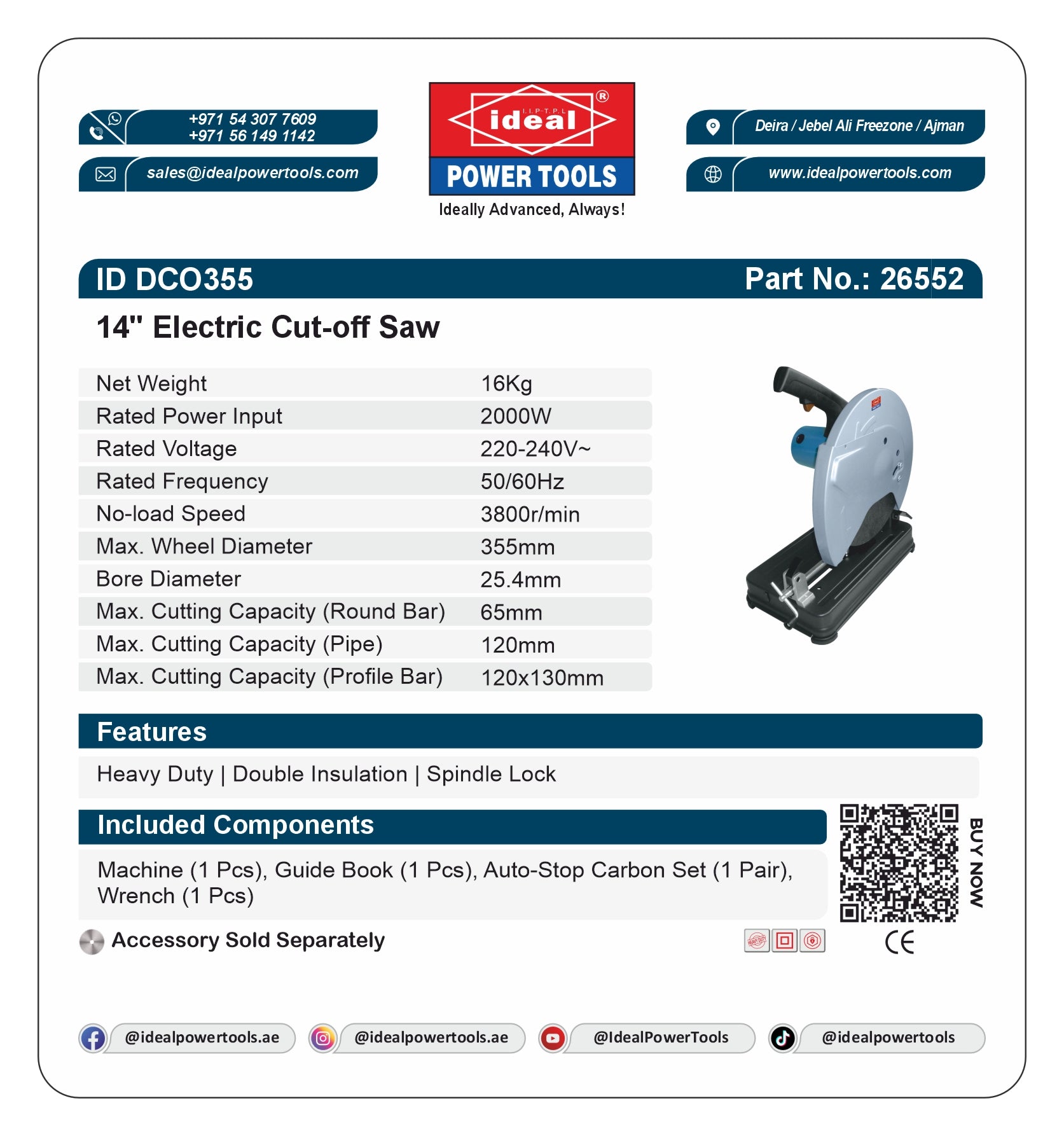 Product label for 14" Electric Cut-off Saw ID DCO355 with specifications and branding details.