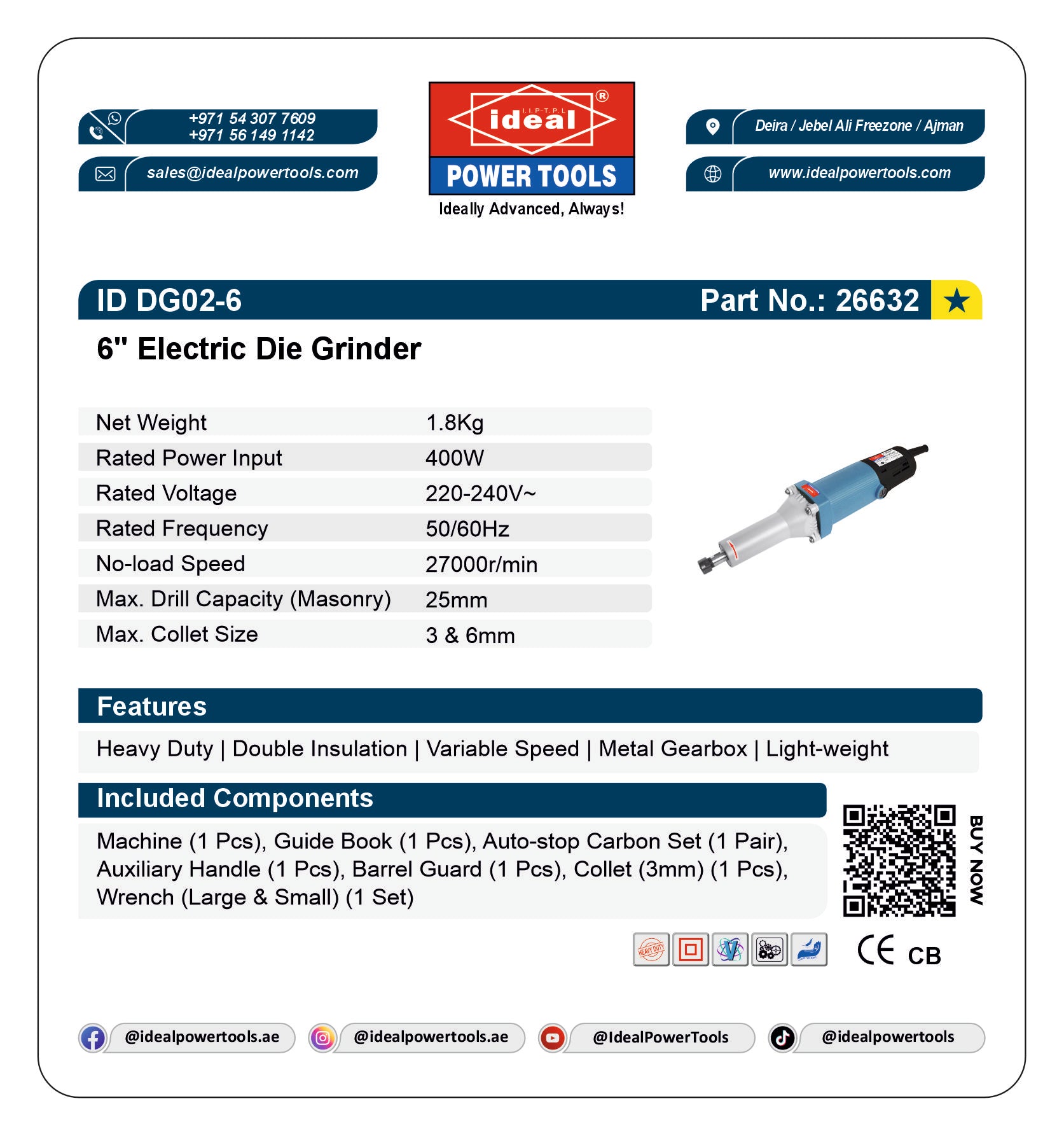 Product card for 6-inch electric die grinder with specifications and branding details.